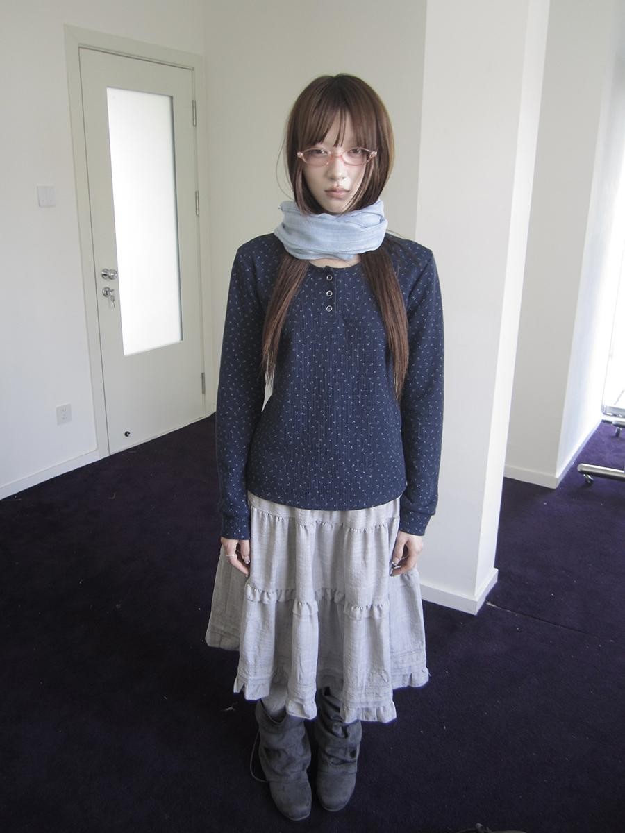 ang project Waffle Knit Floral Print Three Button Roundneck Women&