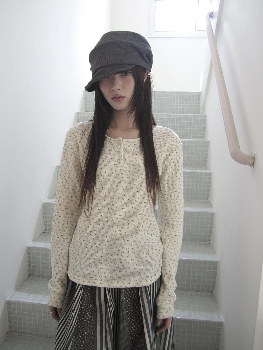 ang project Waffle Knit Floral Print Three Button Roundneck Women&