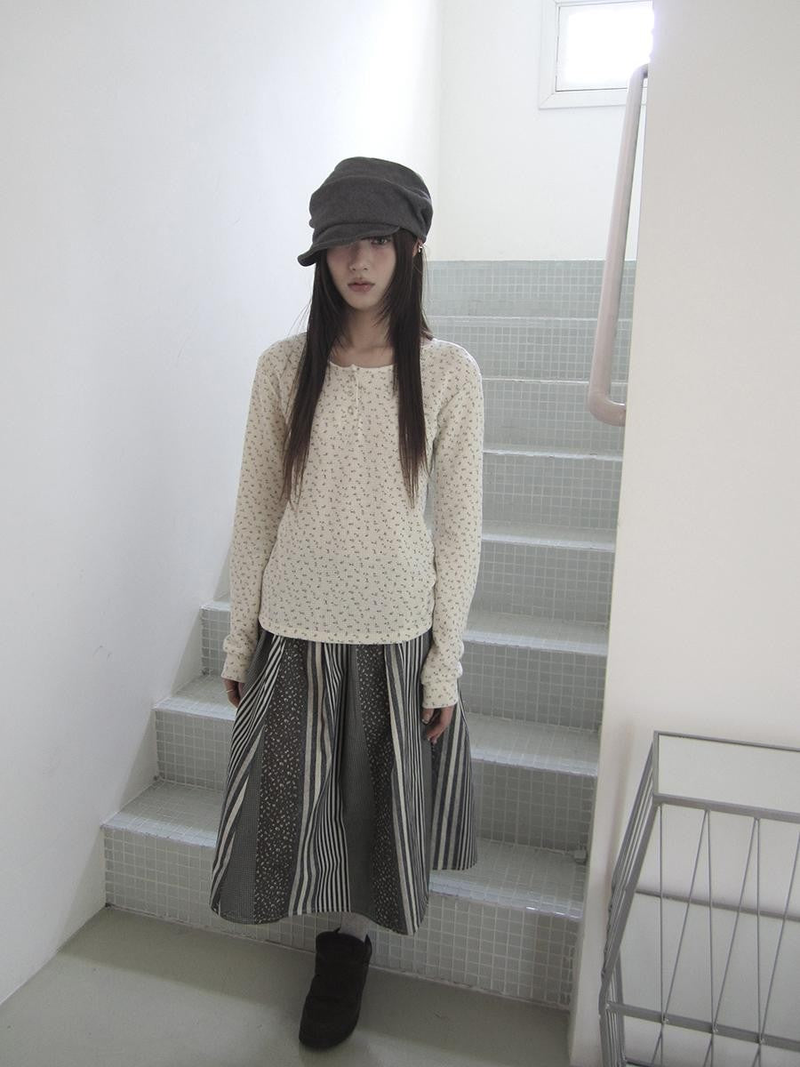 ang project Waffle Knit Floral Print Three Button Roundneck Women&