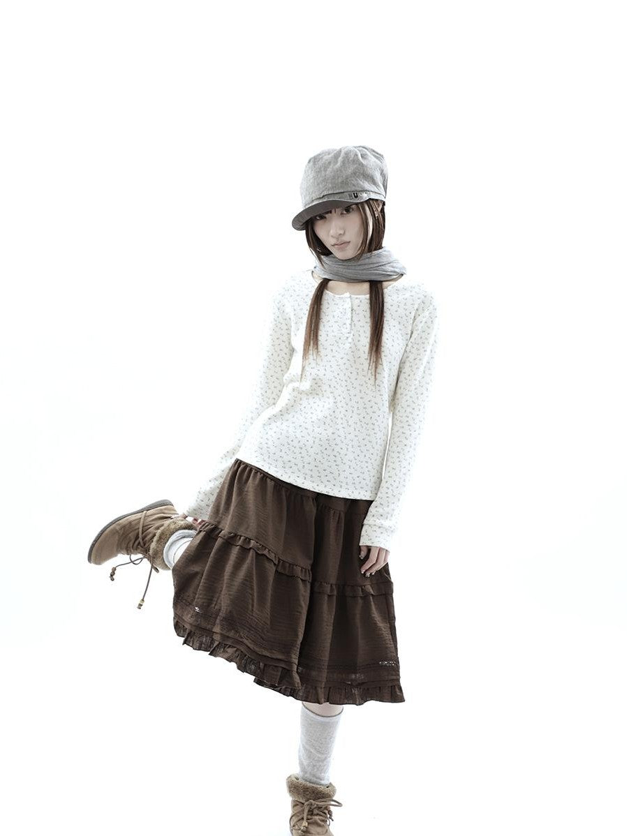 ang project Waffle Knit Floral Print Three Button Roundneck Women&