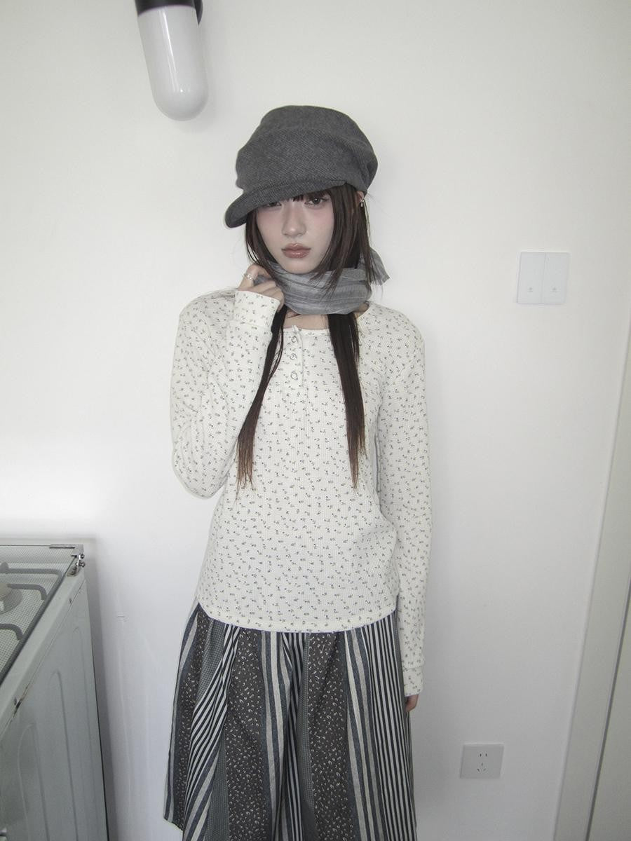 ang project Waffle Knit Floral Print Three Button Roundneck Women&