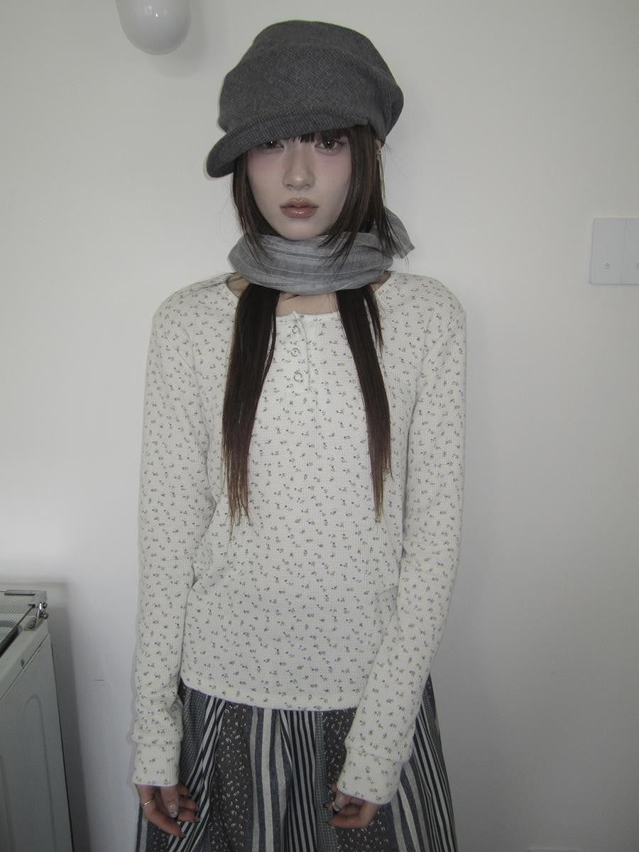 ang project Waffle Knit Floral Print Three Button Roundneck Women&