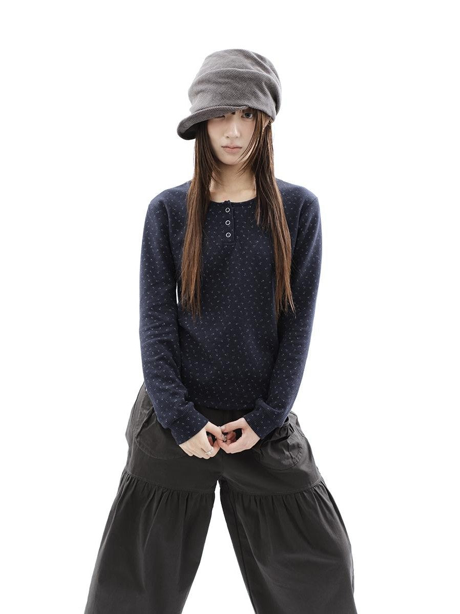 ang project Waffle Knit Floral Print Three Button Roundneck Women&