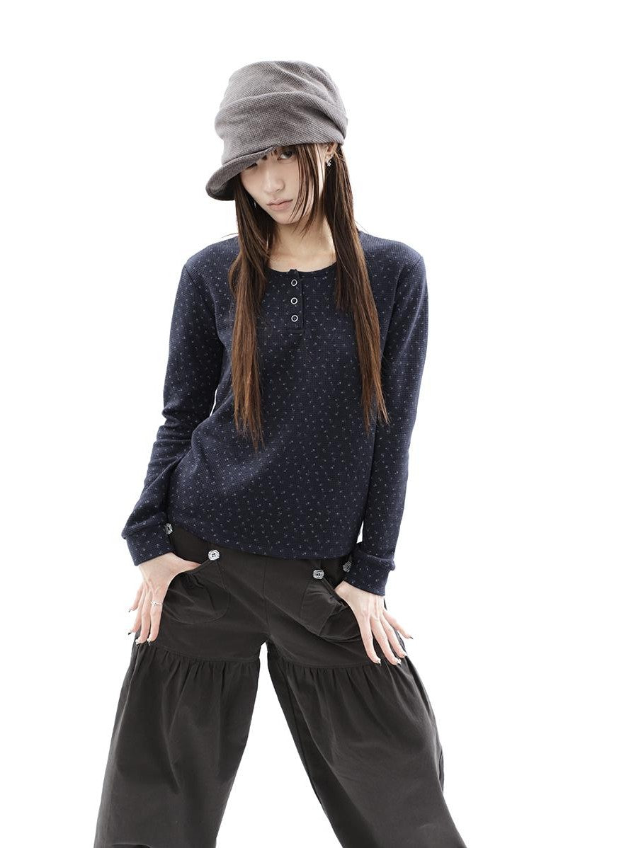 ang project Waffle Knit Floral Print Three Button Roundneck Women&