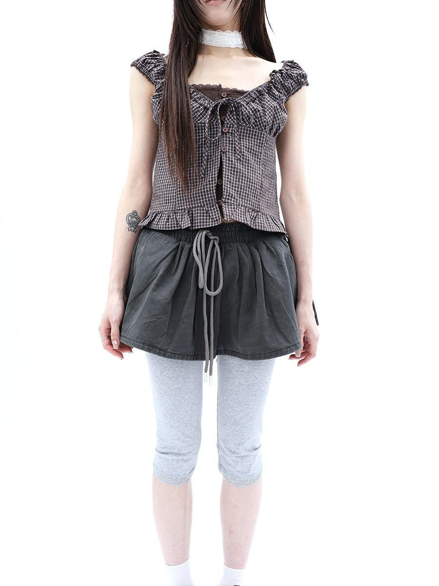ang project Washed Distressed A Line Elastic Waist Built In Shorts Women&