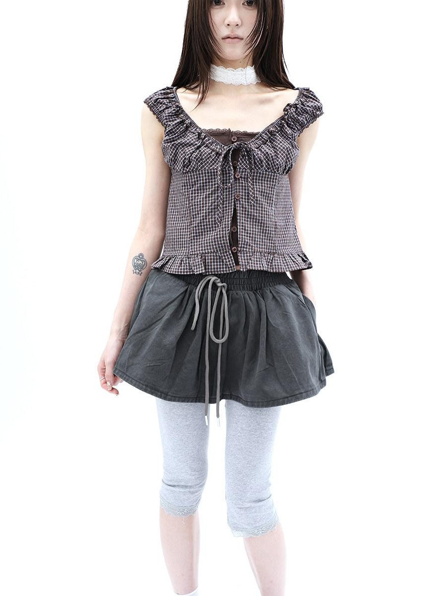 ang project Washed Distressed A Line Elastic Waist Built In Shorts Women&