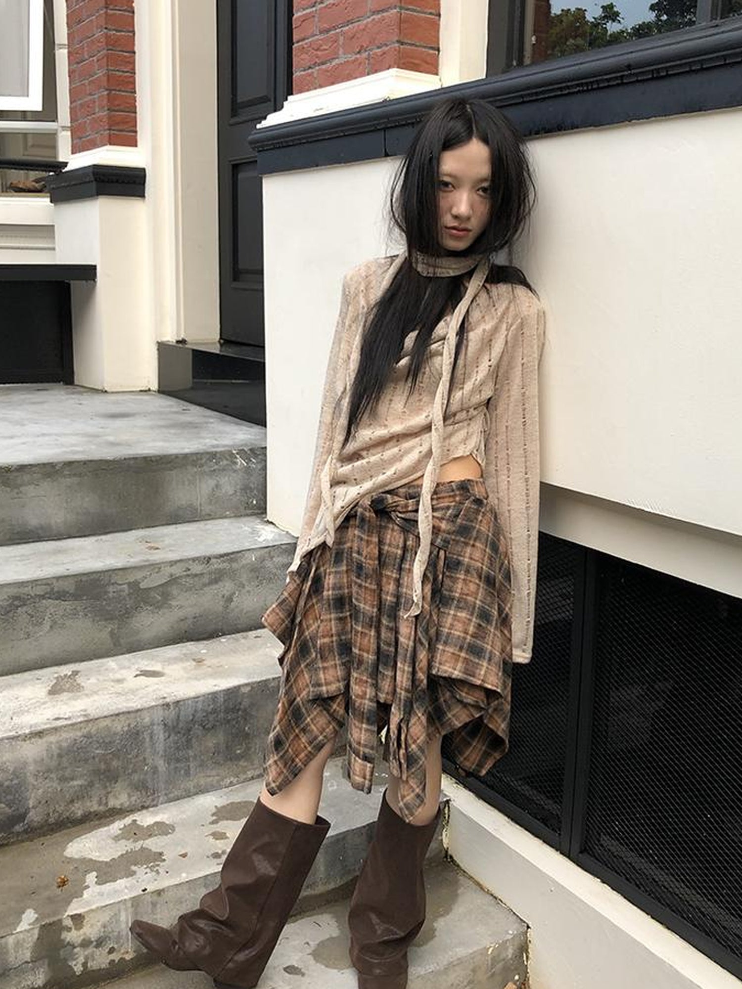 ang project Wasteland Asymmetrical Collar Knit Top With Scarf