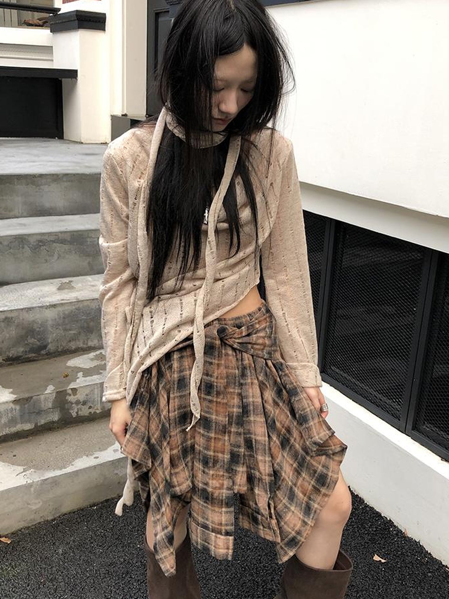 ang project Wasteland Asymmetrical Collar Knit Top With Scarf