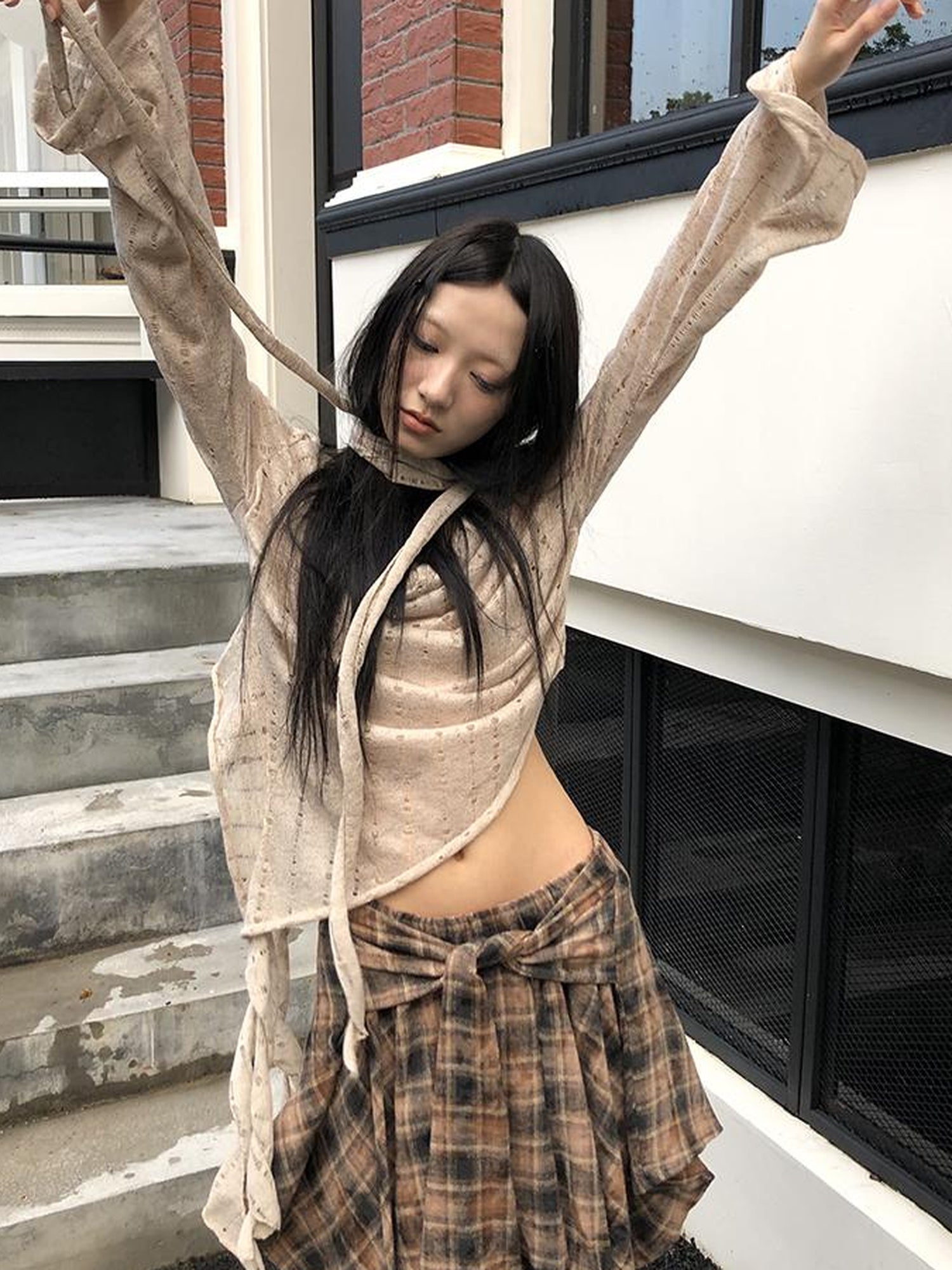 ang project Wasteland Asymmetrical Collar Knit Top With Scarf