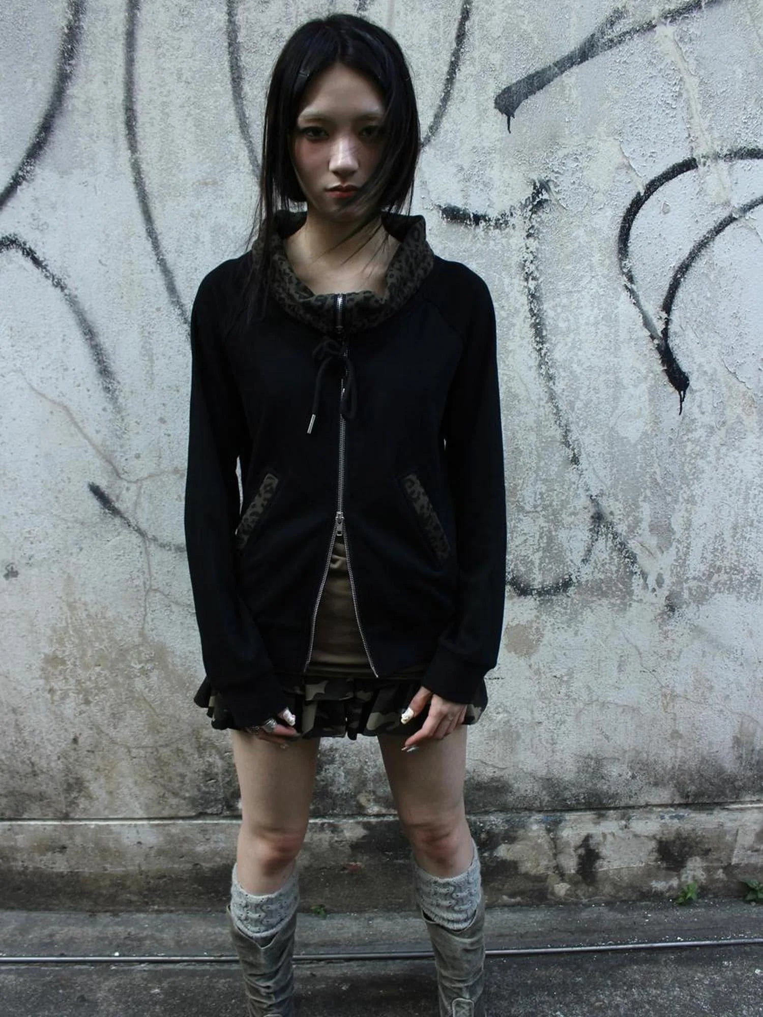 Wasteland Patchwork Zip Up Hoodie With Detachable Fur Trim