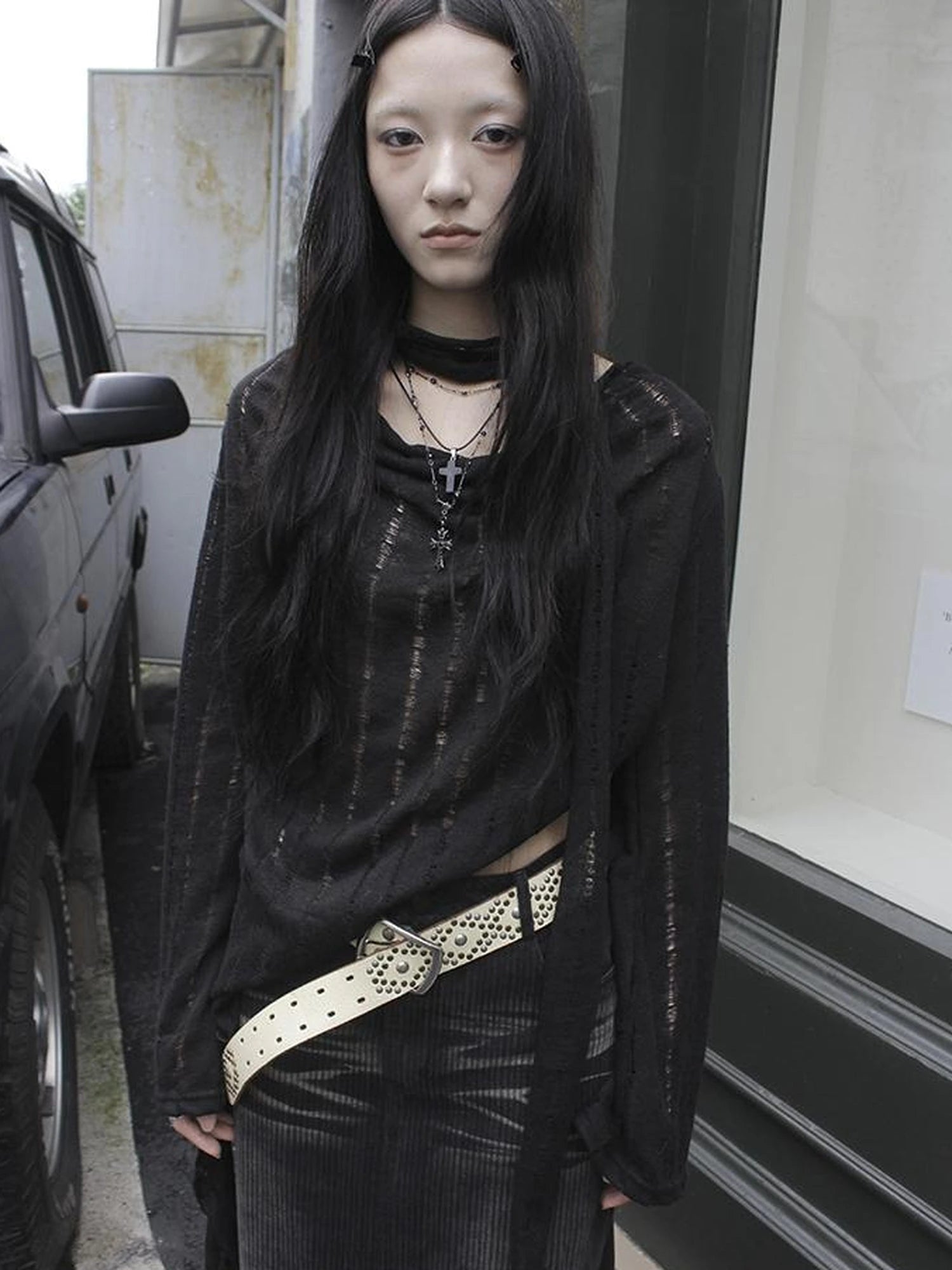 Wasteland Style Asymmetrical Collar Knit Top with Scarf