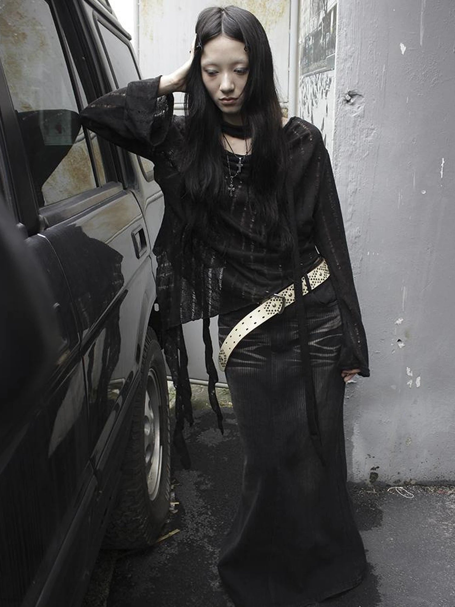 Wasteland Style Asymmetrical Collar Knit Top with Scarf