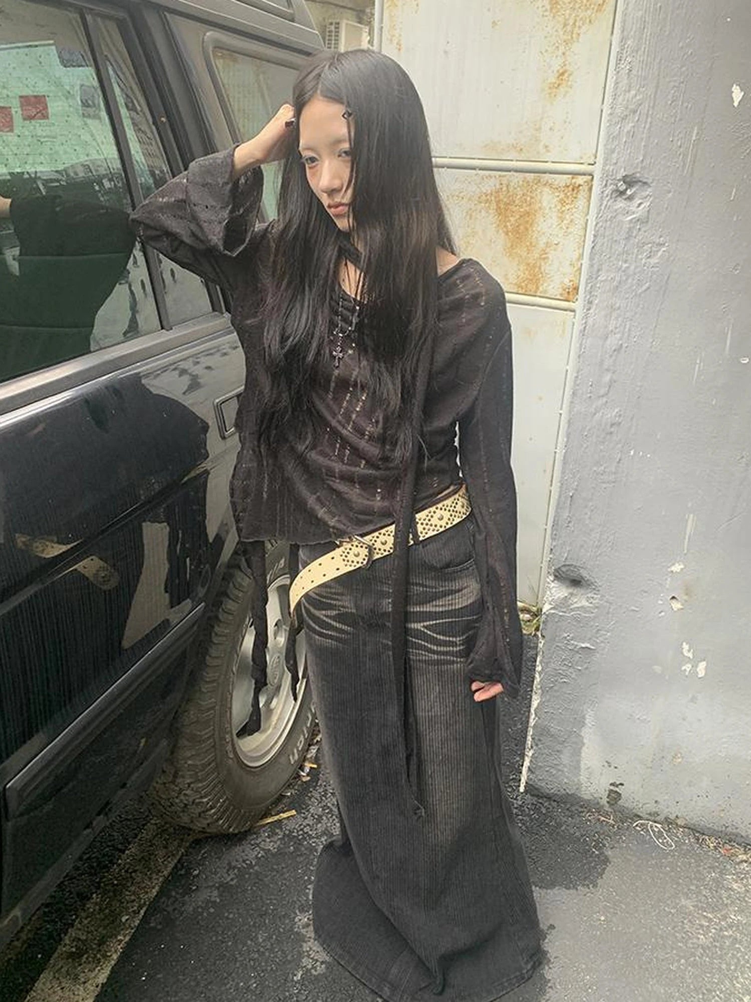 Wasteland Style Asymmetrical Collar Knit Top with Scarf