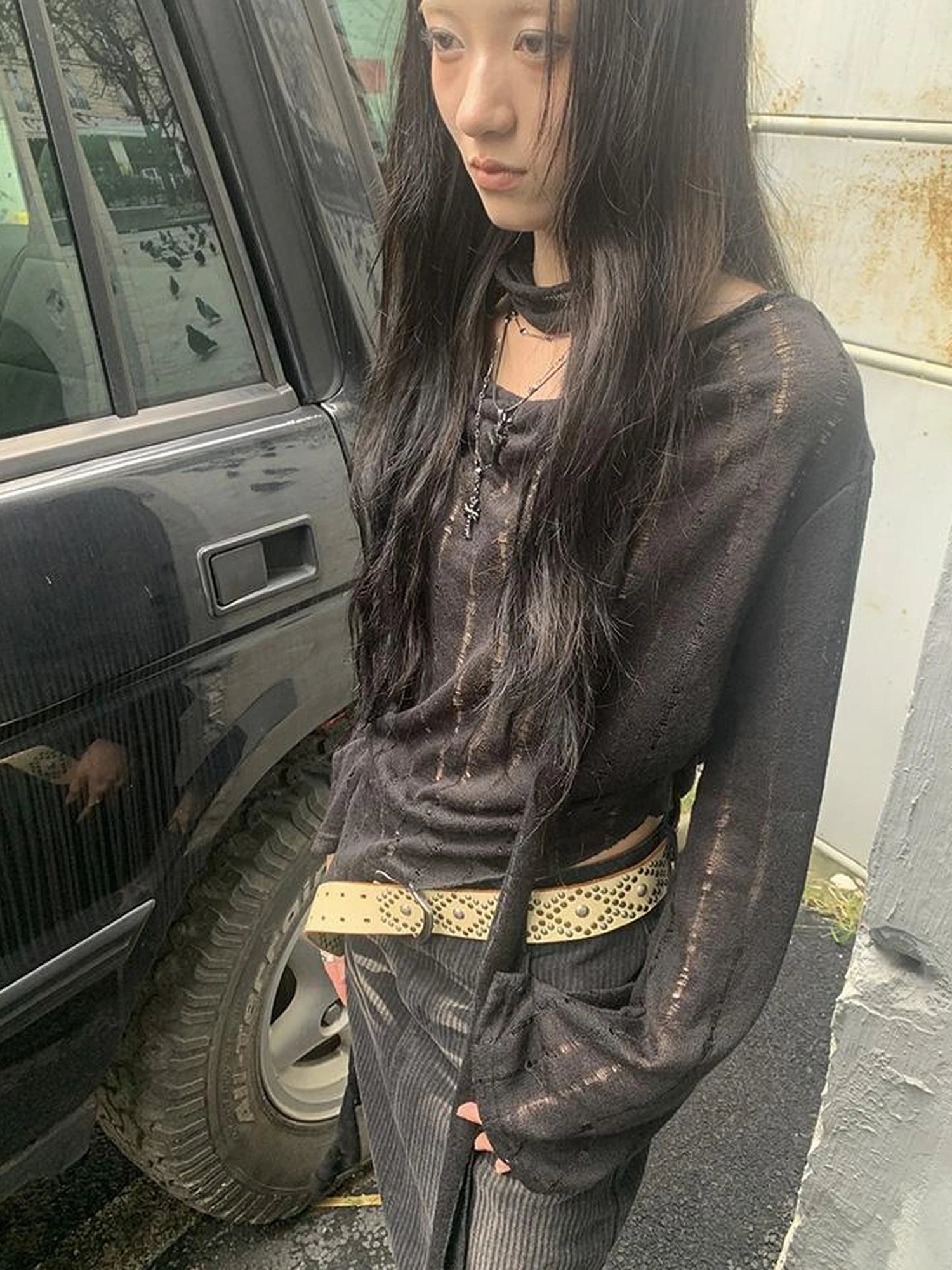 Wasteland Style Asymmetrical Collar Knit Top with Scarf