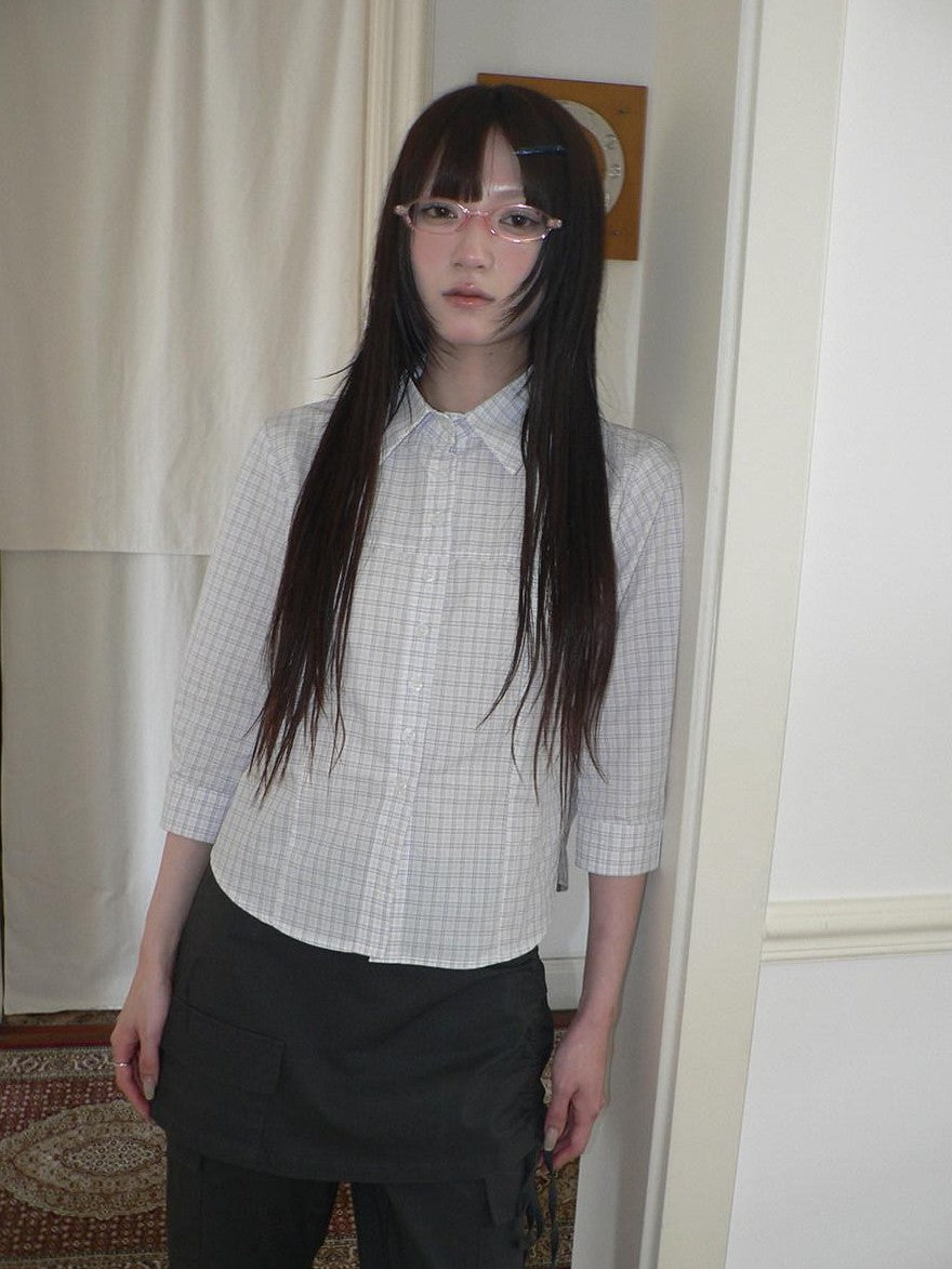 ang project White Check Lapel Button Cinched Waist Elbow Sleeve Women&