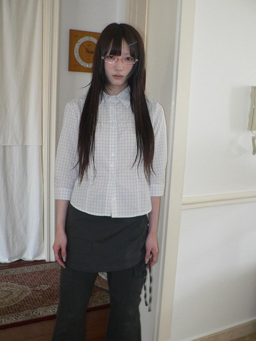 ang project White Check Lapel Button Cinched Waist Elbow Sleeve Women&