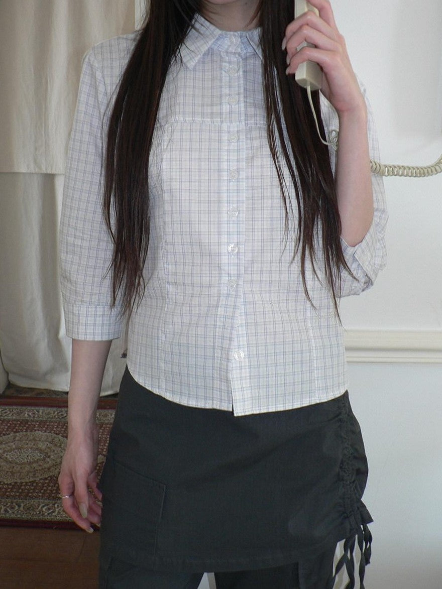 ang project White Check Lapel Button Cinched Waist Elbow Sleeve Women&