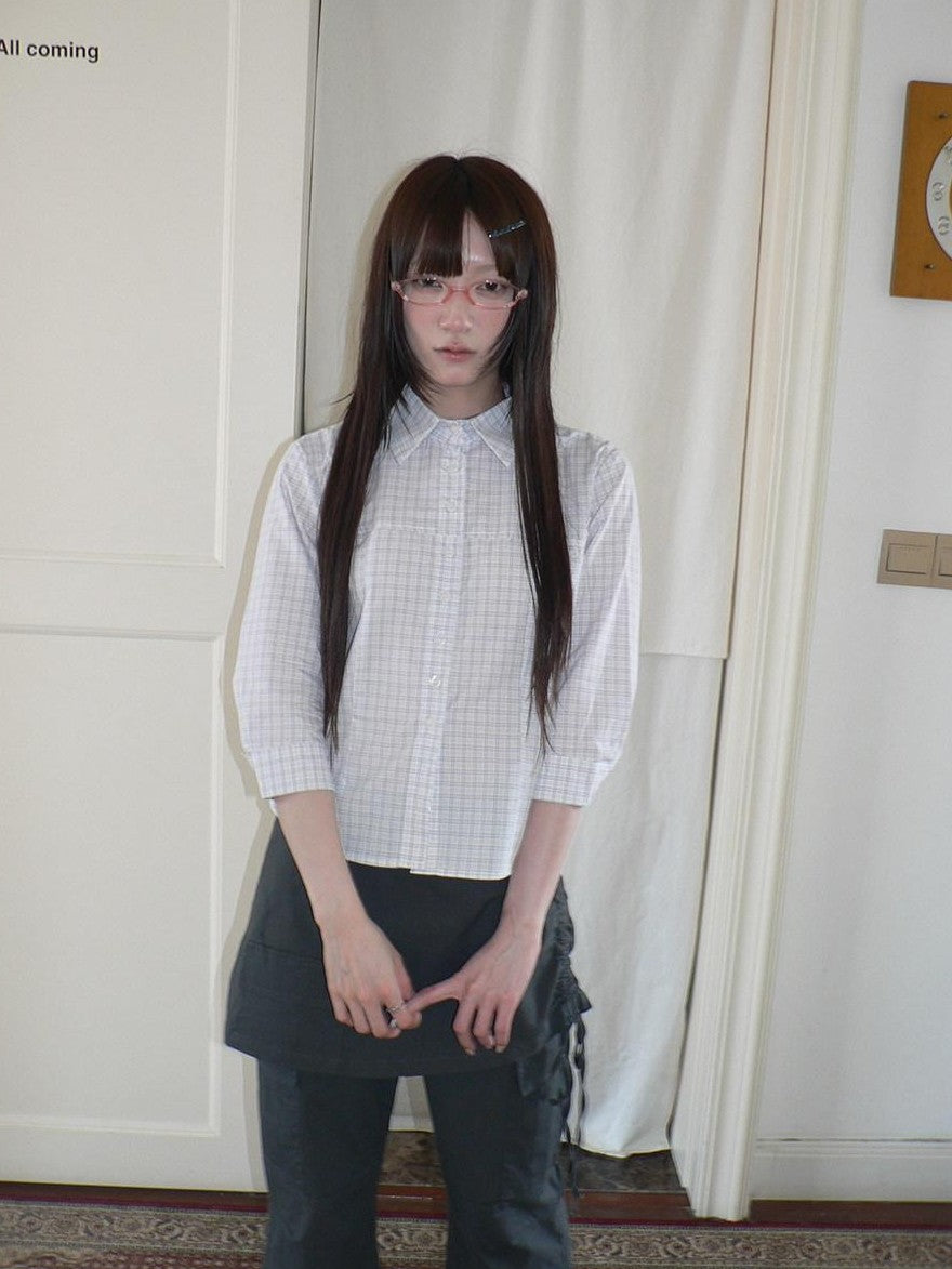 ang project White Check Lapel Button Cinched Waist Elbow Sleeve Women&
