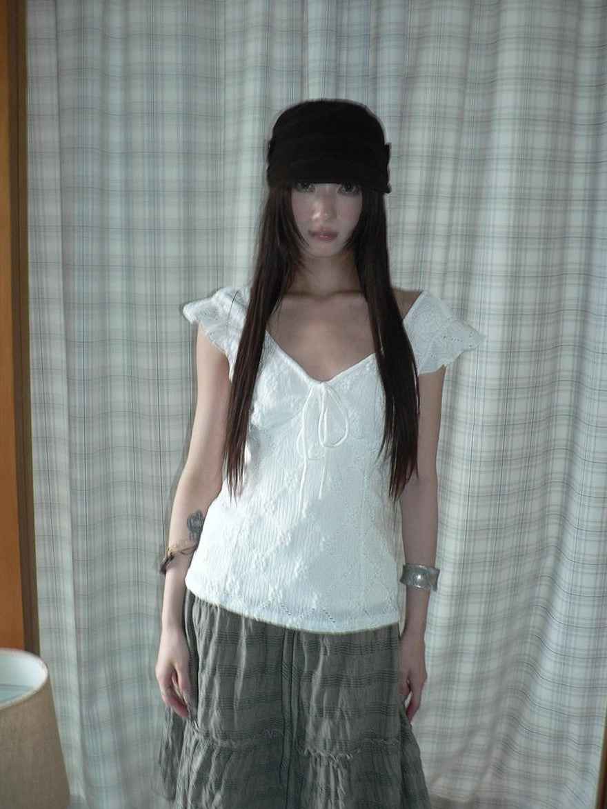 ang project White Cutout Embroidery V-neck Tie Slim Flutter Sleeves Women&