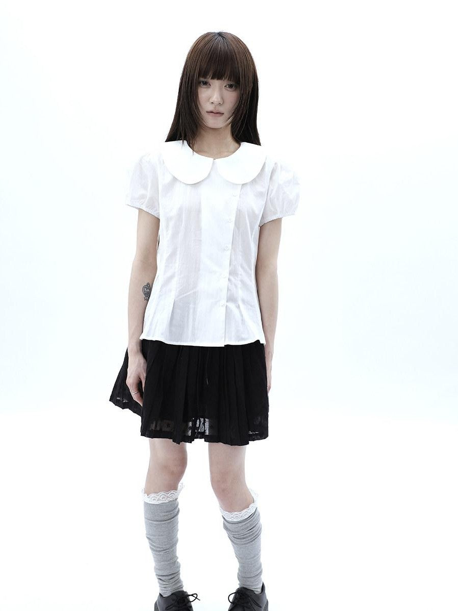 ang project White Doll Collar Slanted Buttons Cinched Waist Women&