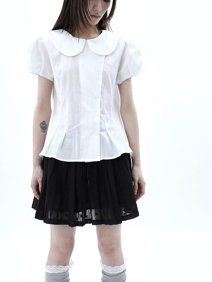 ang project White Doll Collar Slanted Buttons Cinched Waist Women&