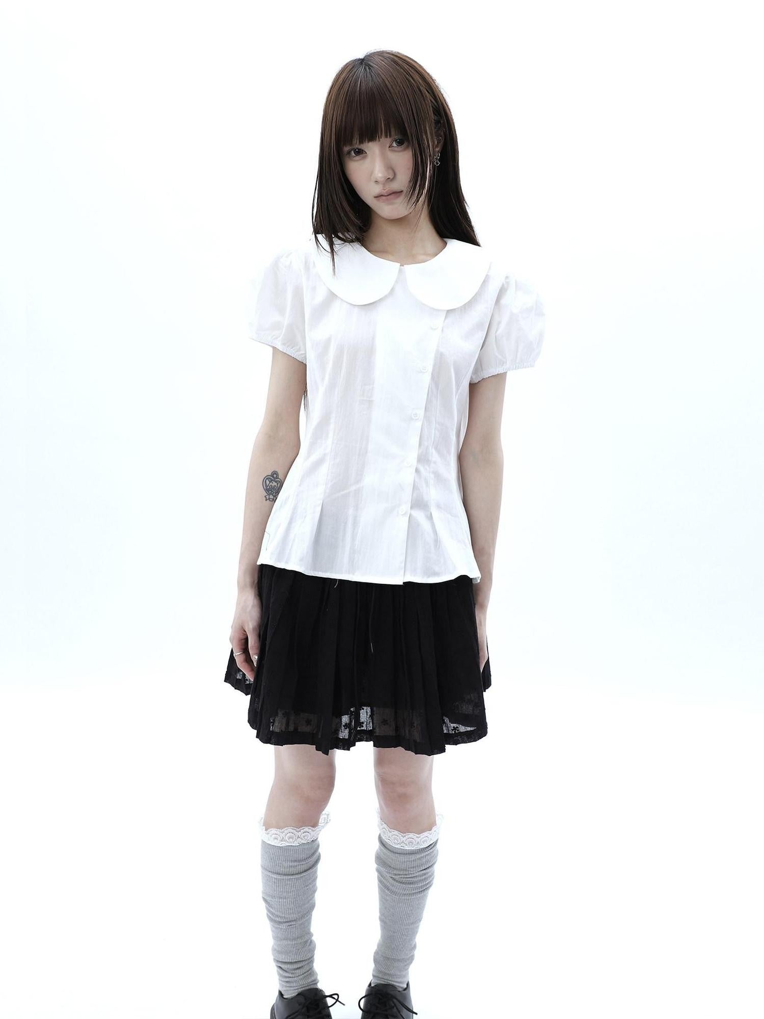 ang project White Doll Collar Slanted Buttons Cinched Waist Women&