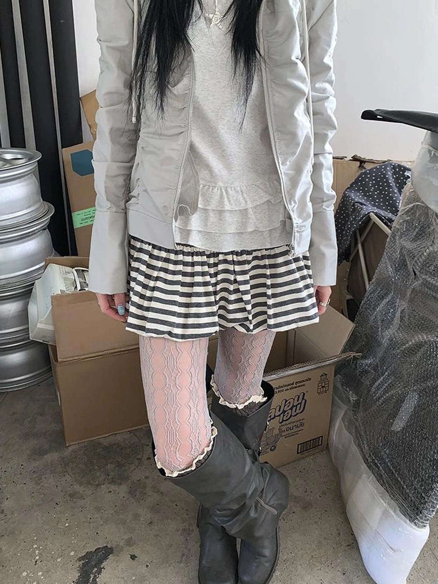 White Gray Striped Low Waist Fluffy Pleated Mini Skirt