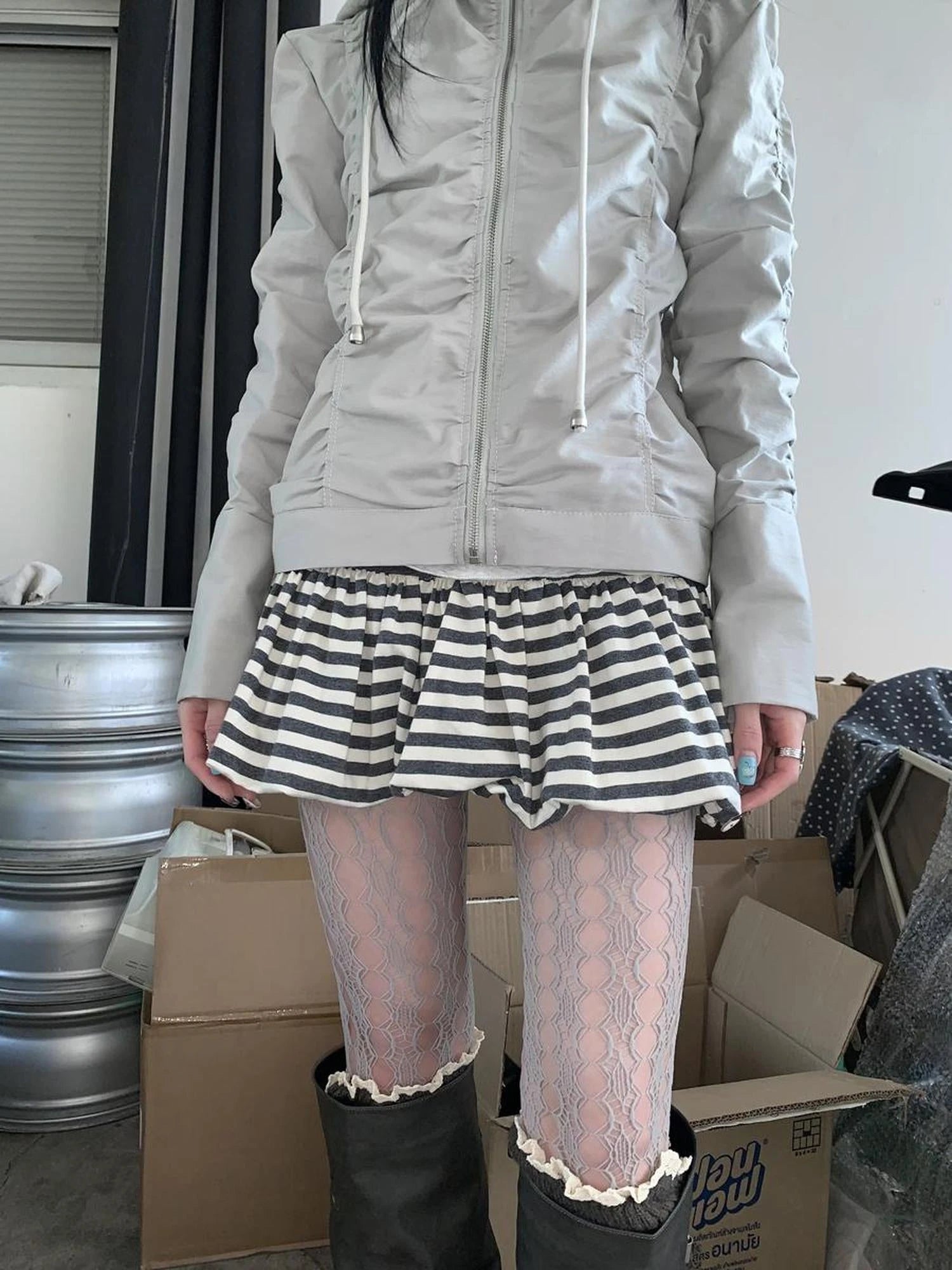 White Gray Striped Low Waist Fluffy Pleated Mini Skirt