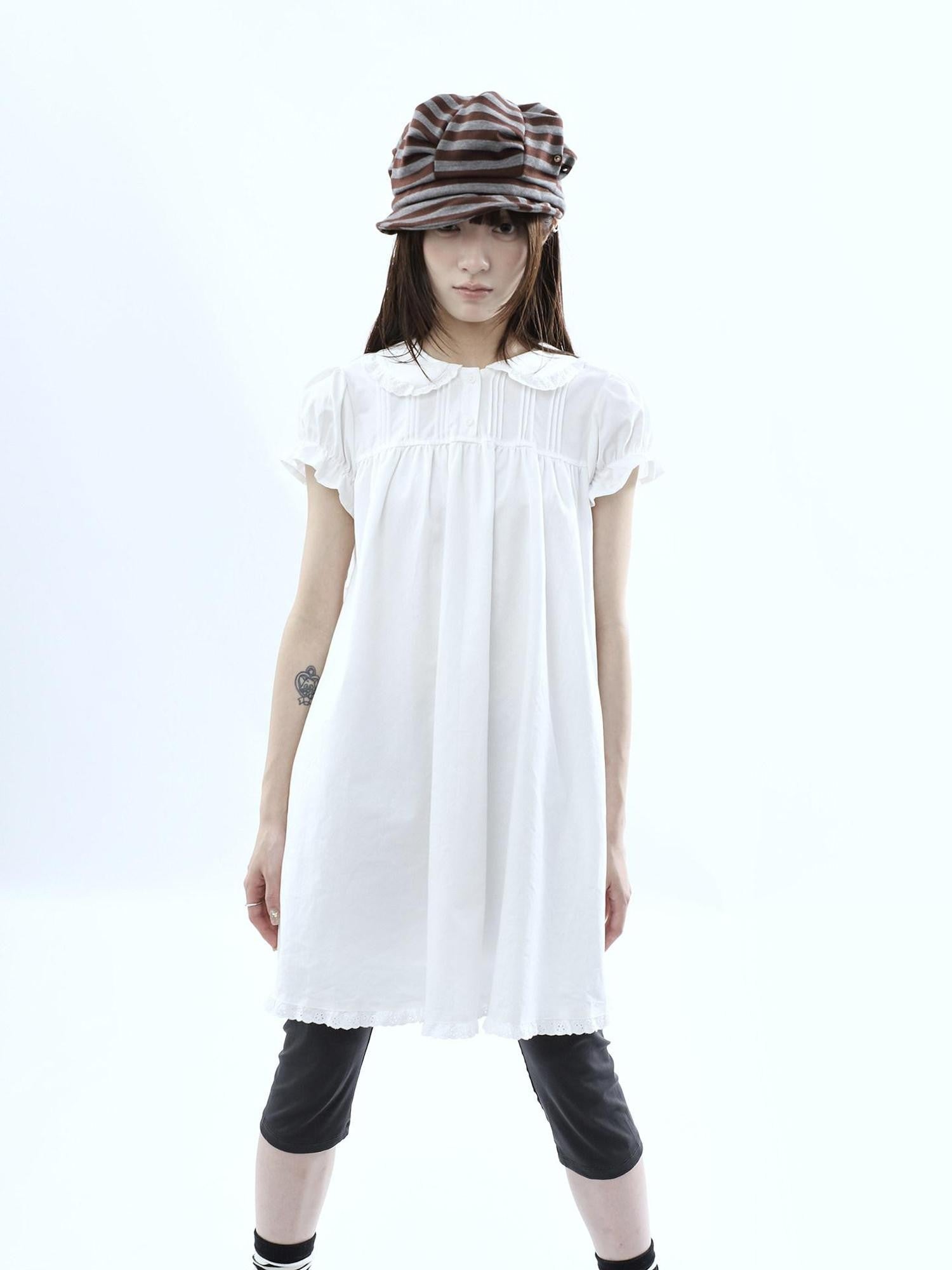 ang project White Pleated Shirt Short Sleeve Women&