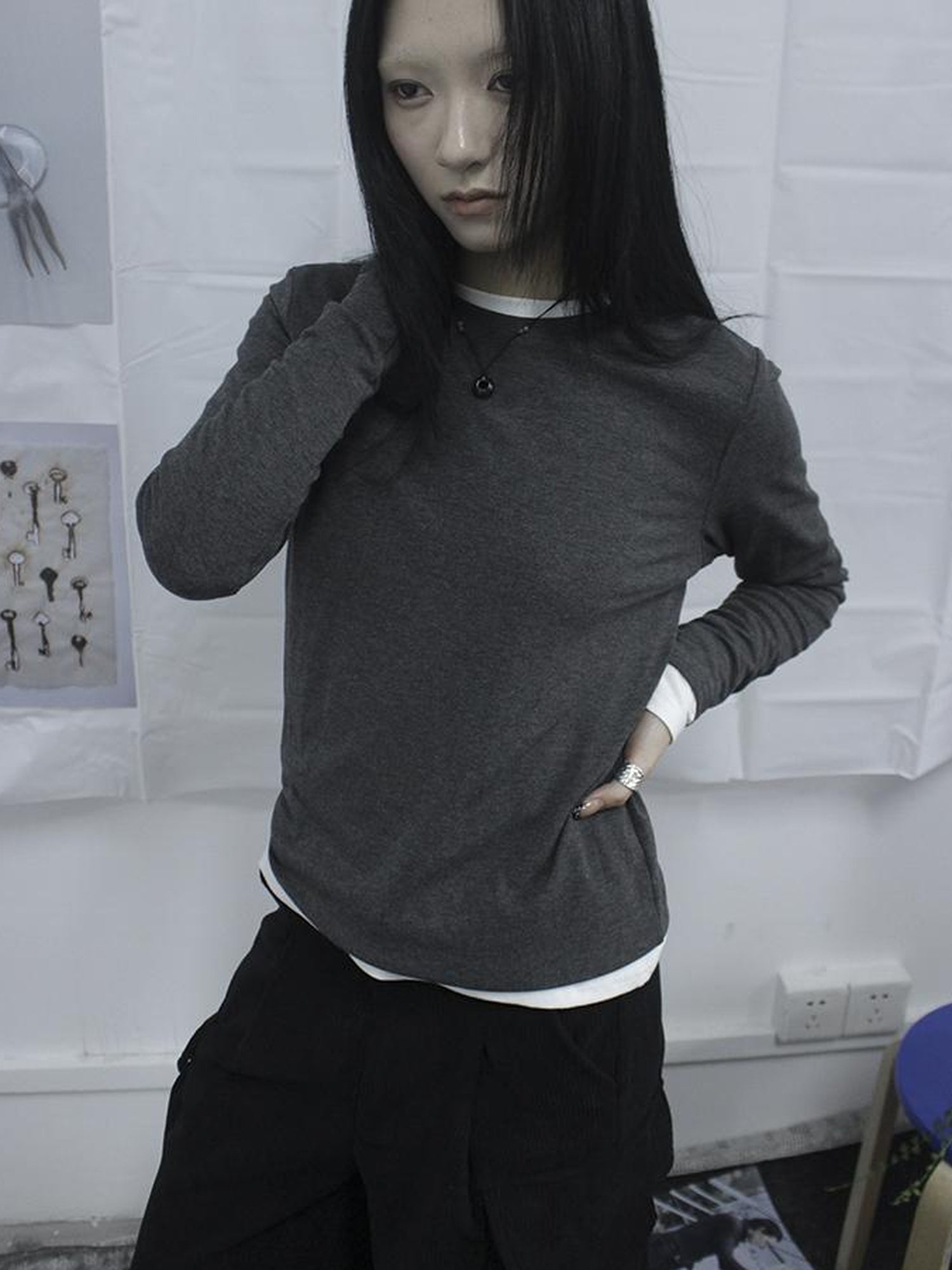 Updateang project Women Basic Solid Color Stretch Round Neck Long Sleeve T Shirt
