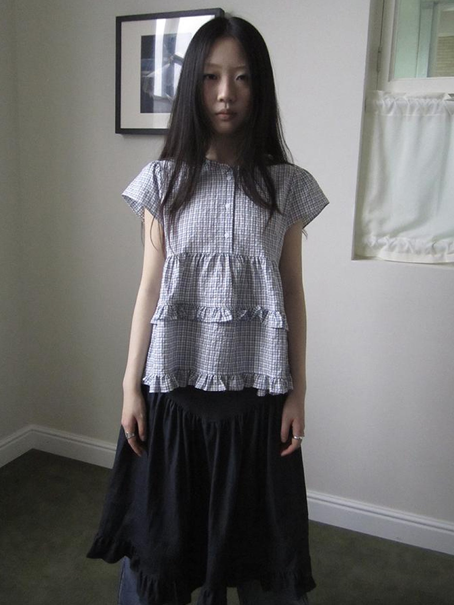 ang project Women Summer Gingham Ruffle Trim Short Sleeve Shirt