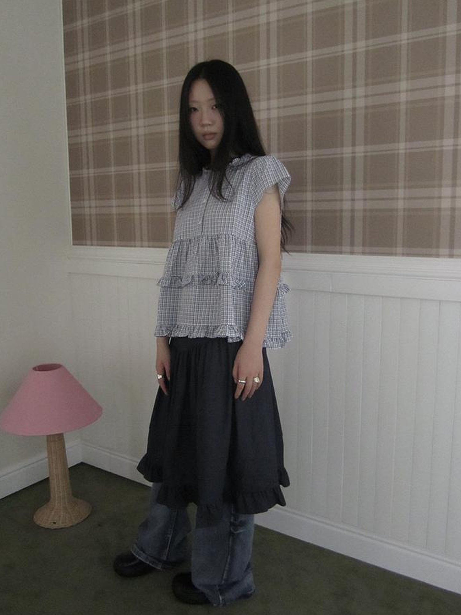 ang project Women Summer Gingham Ruffle Trim Short Sleeve Shirt