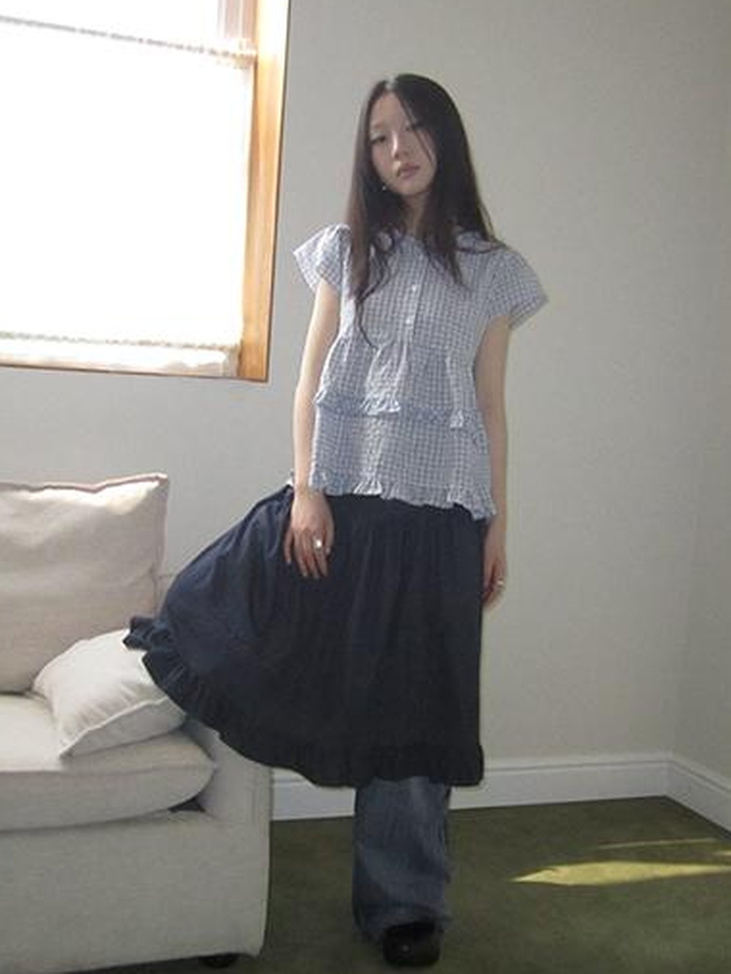 ang project Women Summer Gingham Ruffle Trim Short Sleeve Shirt