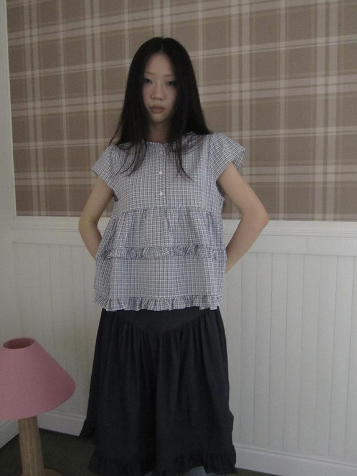 ang project Women Summer Gingham Ruffle Trim Short Sleeve Shirt