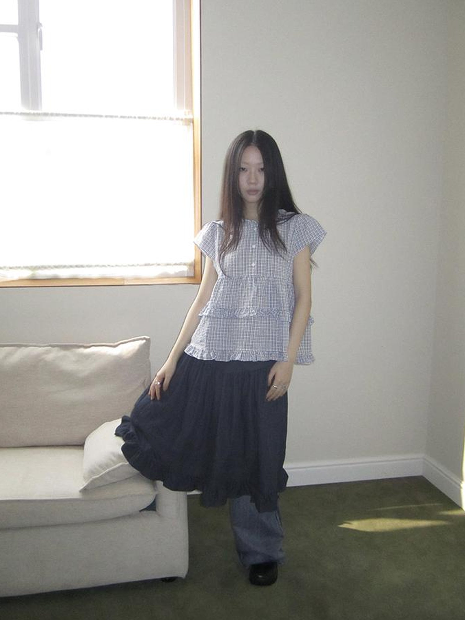 ang project Women Summer Gingham Ruffle Trim Short Sleeve Shirt