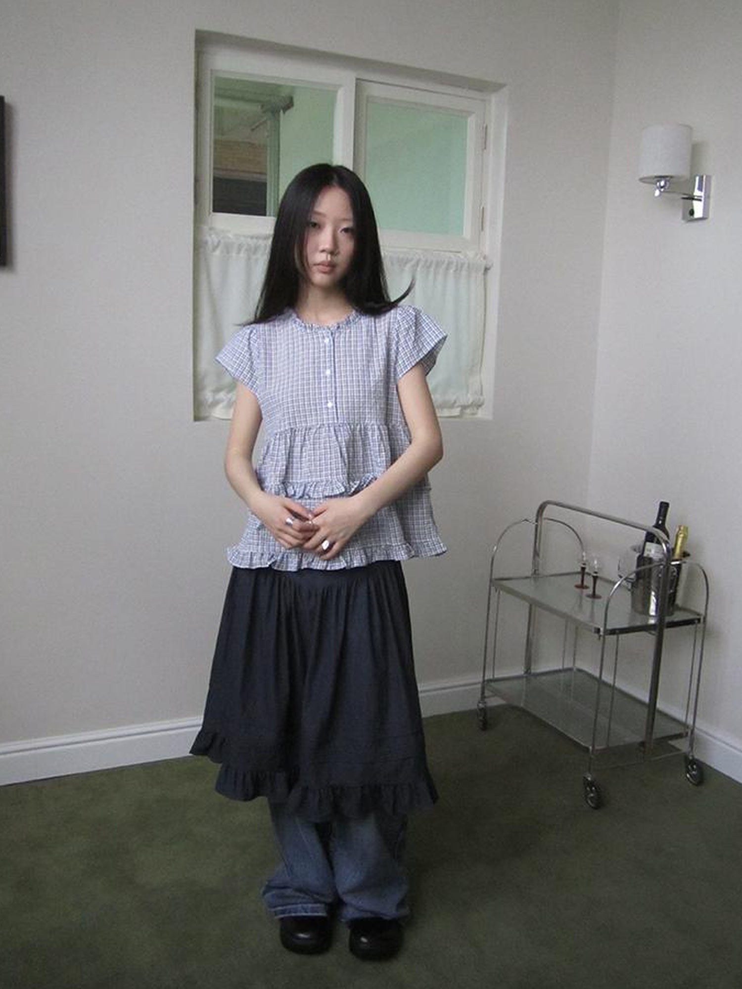 ang project Women Summer Gingham Ruffle Trim Short Sleeve Shirt
