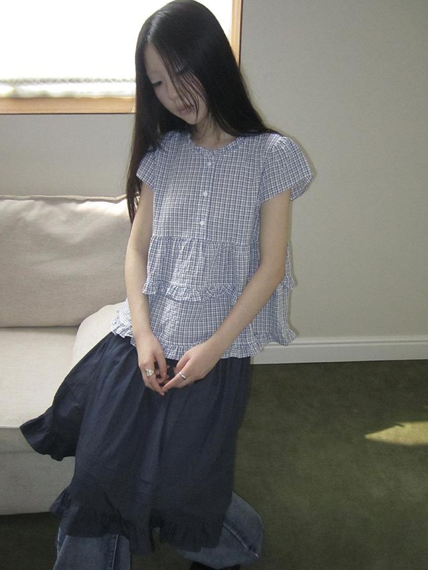 ang project Women Summer Gingham Ruffle Trim Short Sleeve Shirt