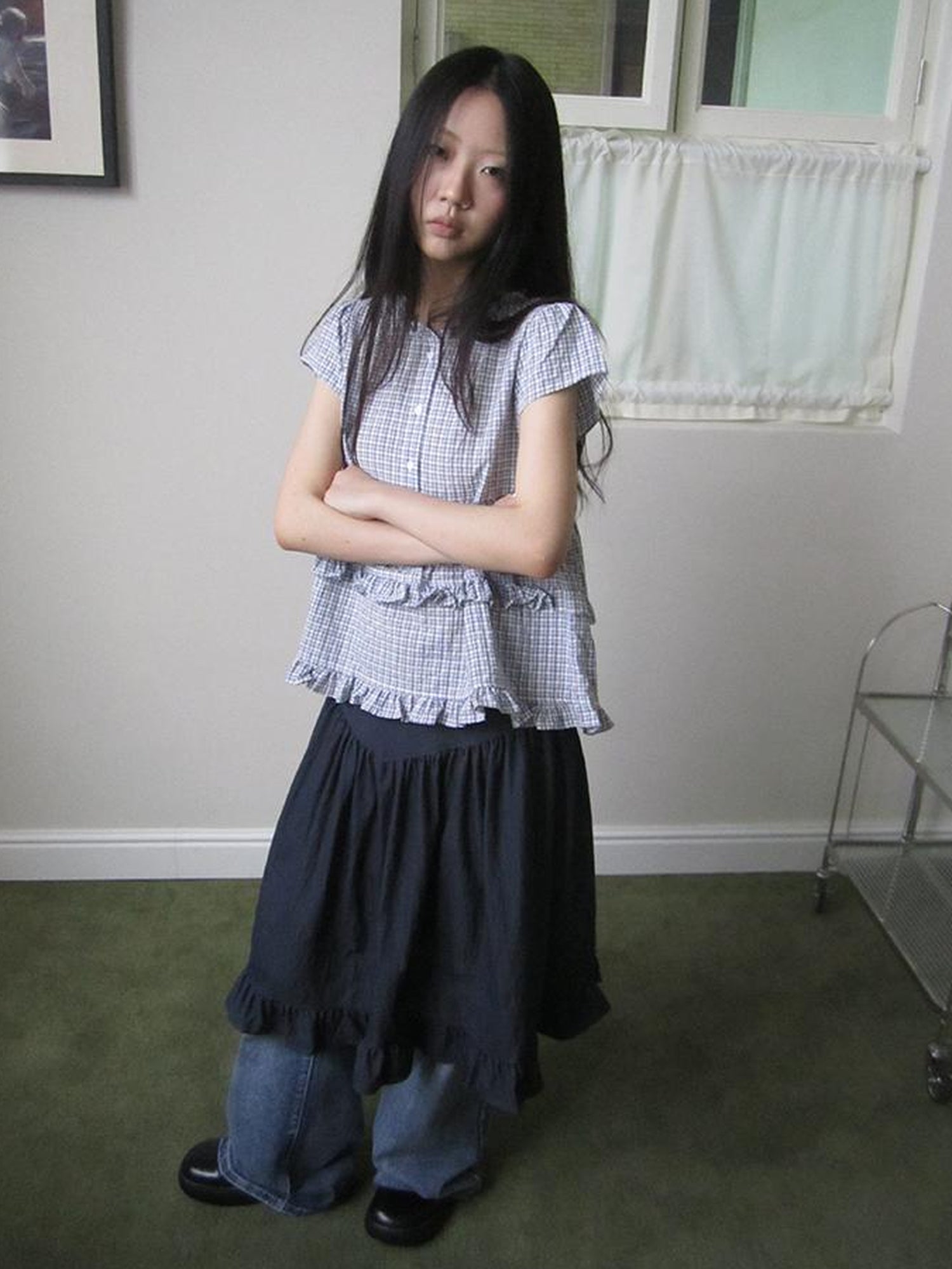 ang project Women Summer Gingham Ruffle Trim Short Sleeve Shirt