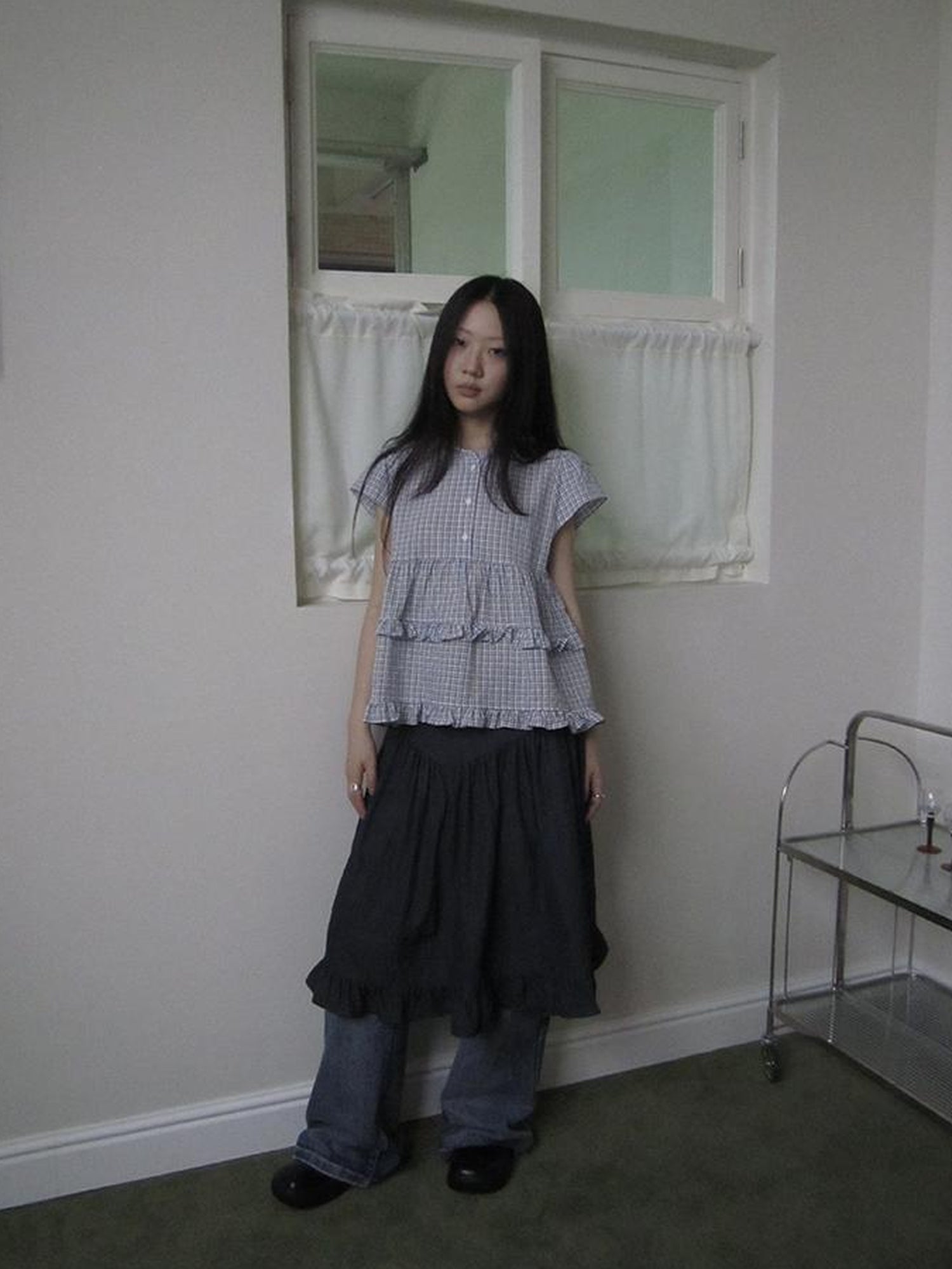 ang project Women Summer Gingham Ruffle Trim Short Sleeve Shirt