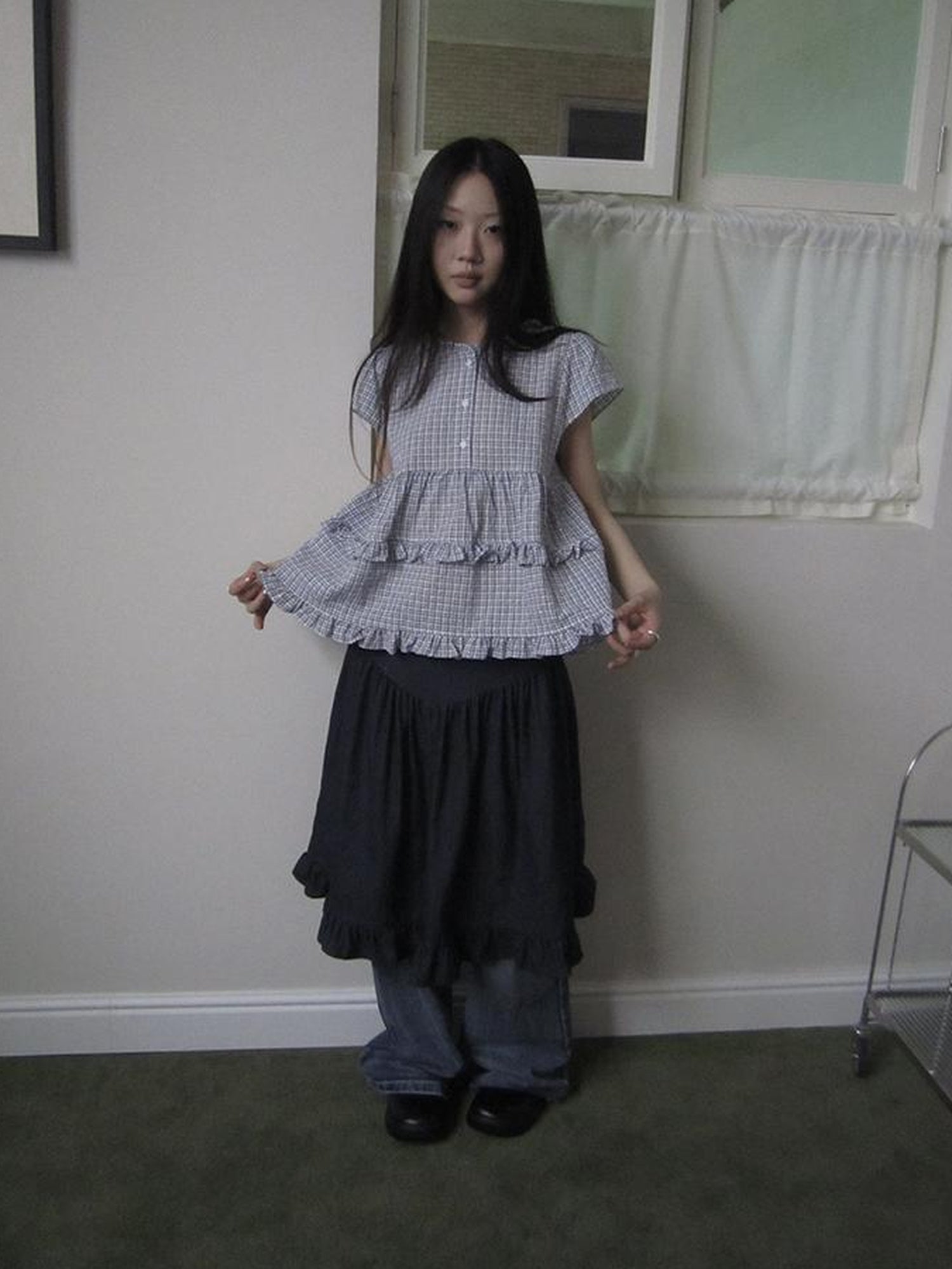 ang project Women Summer Gingham Ruffle Trim Short Sleeve Shirt