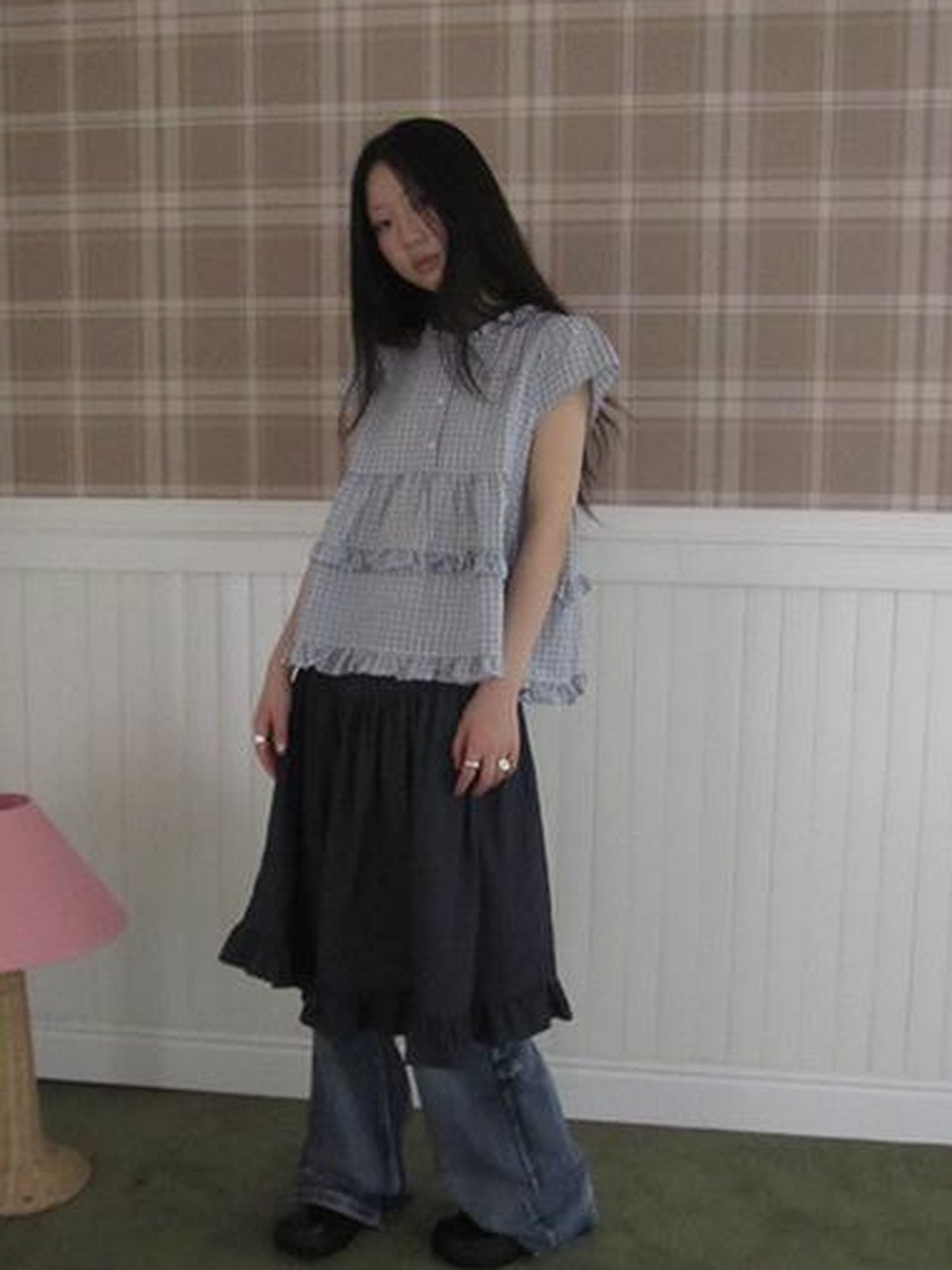 ang project Women Summer Gingham Ruffle Trim Short Sleeve Shirt