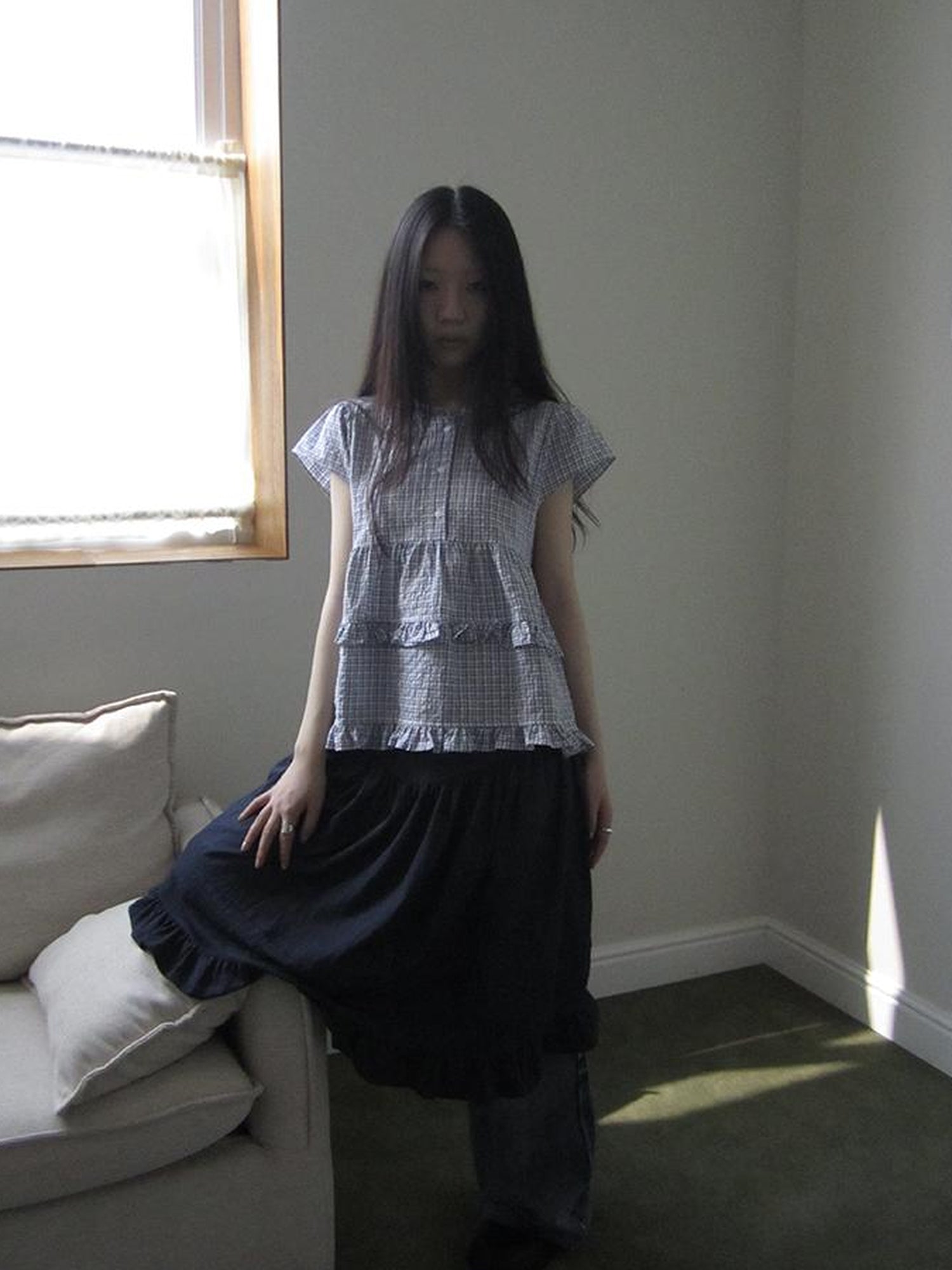 ang project Women Summer Gingham Ruffle Trim Short Sleeve Shirt