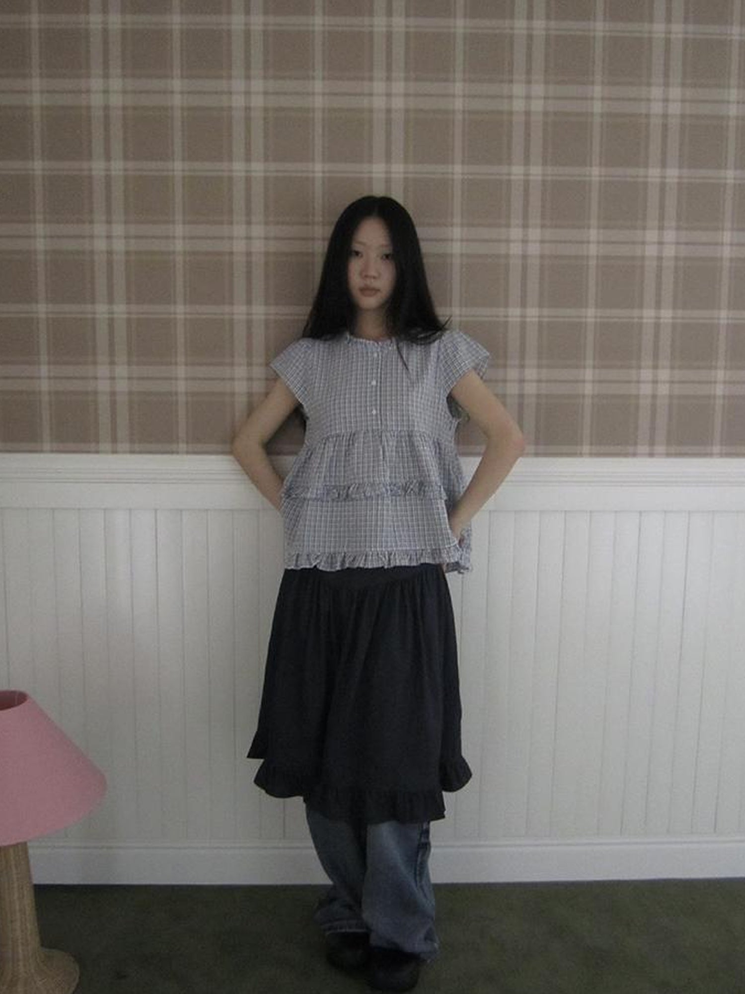 ang project Women Summer Gingham Ruffle Trim Short Sleeve Shirt