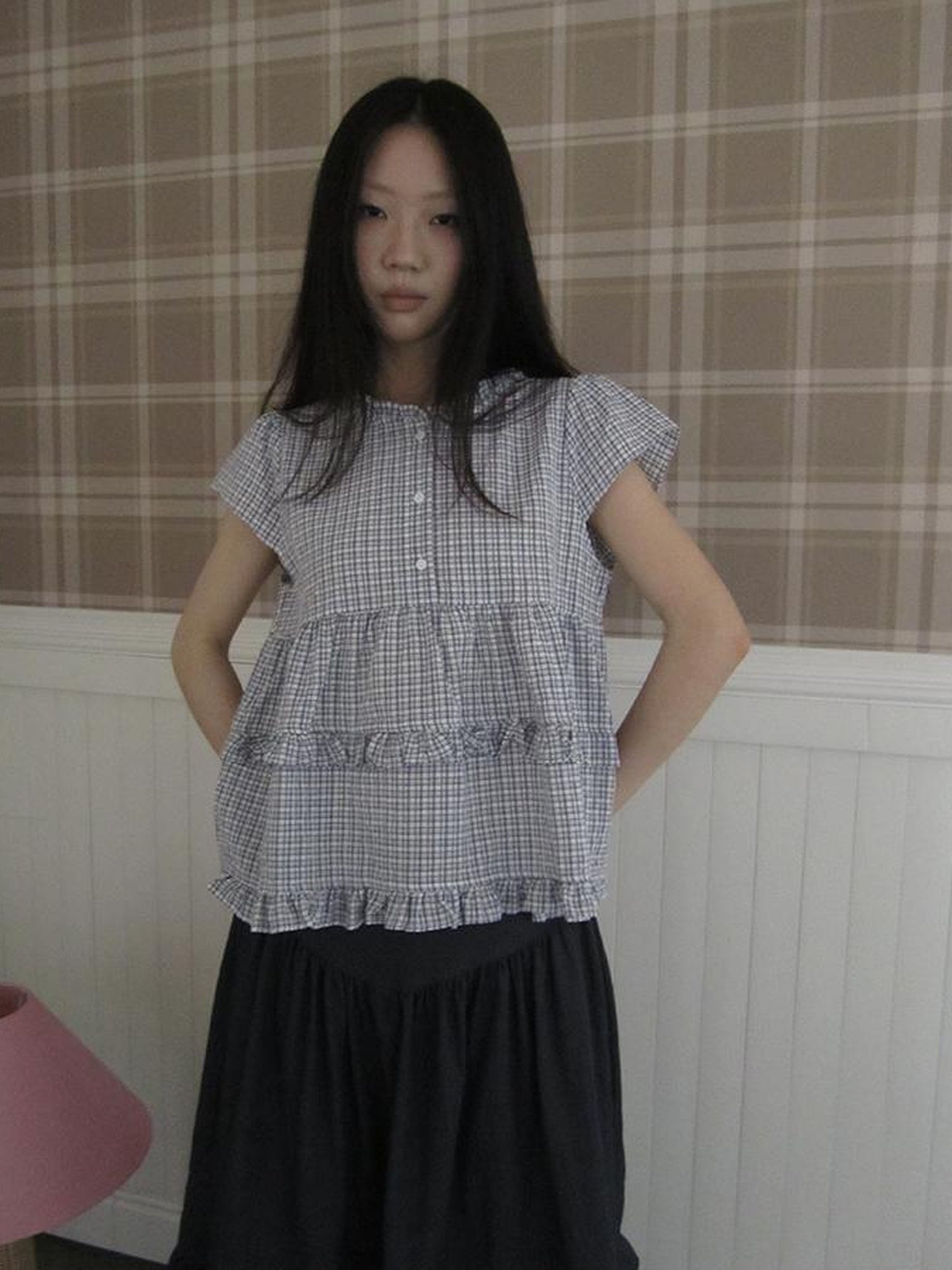 ang project Women Summer Gingham Ruffle Trim Short Sleeve Shirt