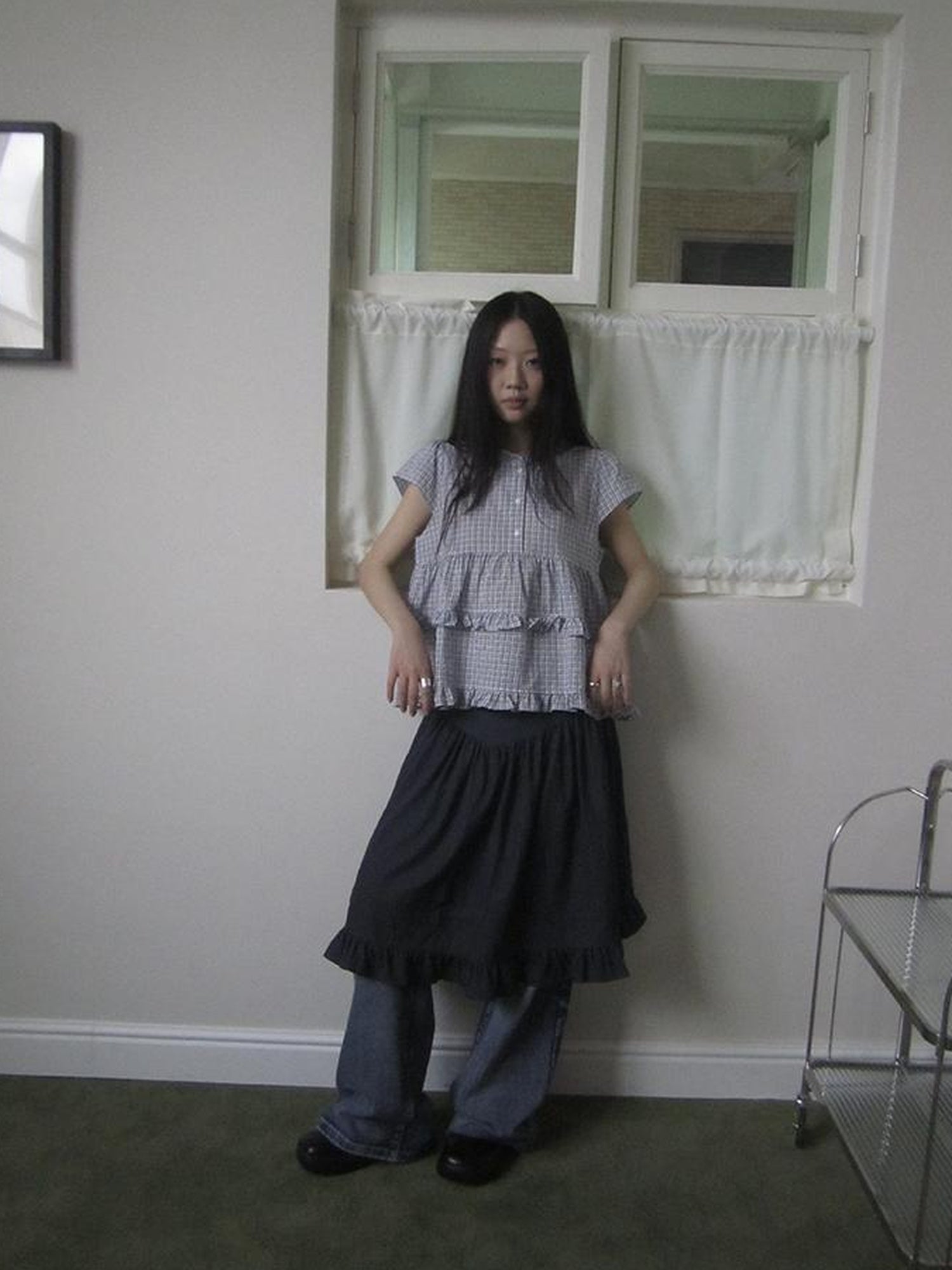 ang project Women Summer Gingham Ruffle Trim Short Sleeve Shirt