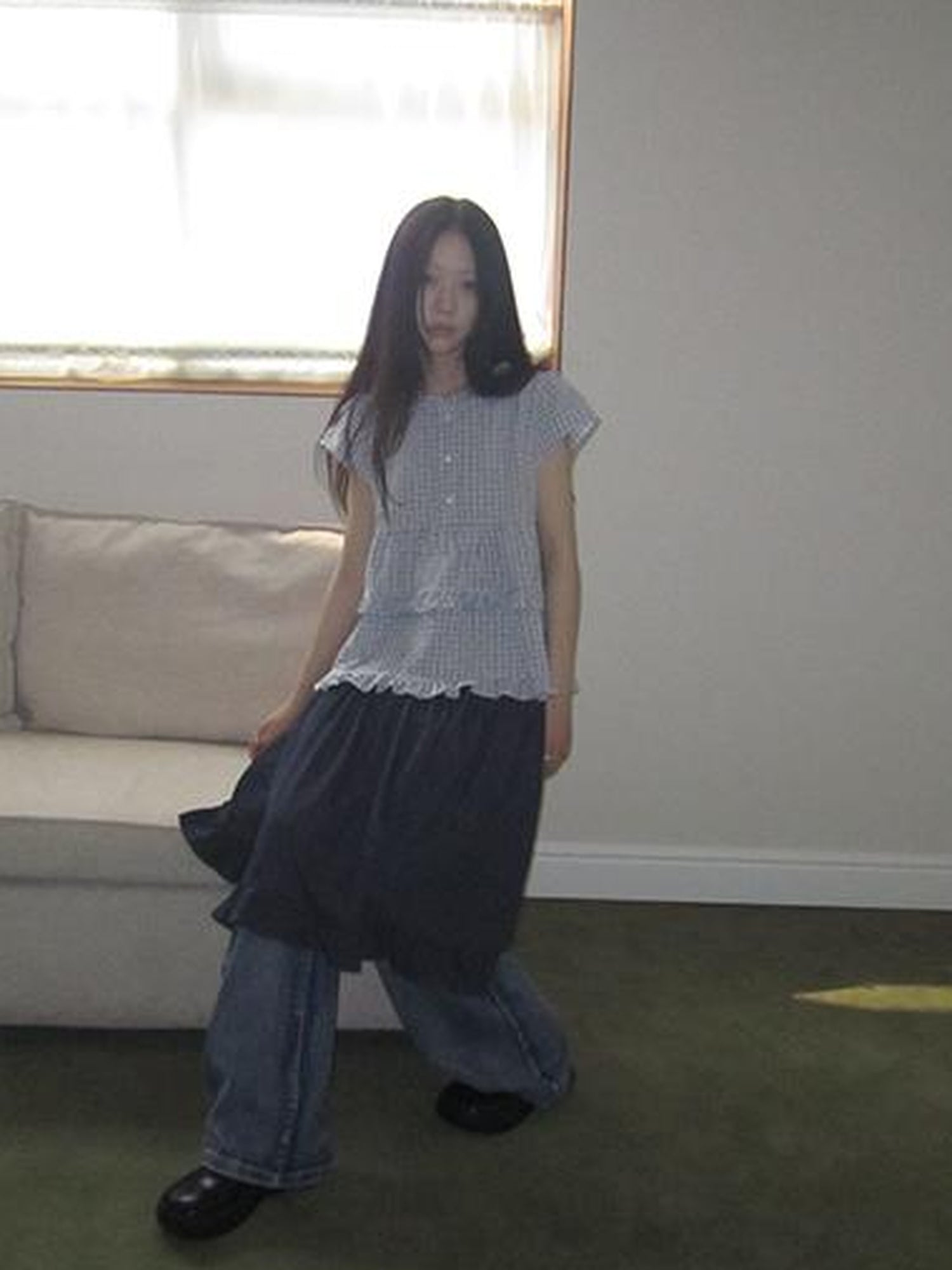 ang project Women Summer Gingham Ruffle Trim Short Sleeve Shirt