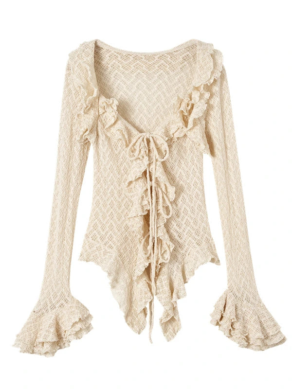 Vintage Lace Ruffle Bell Sleeve Blouse Shirt