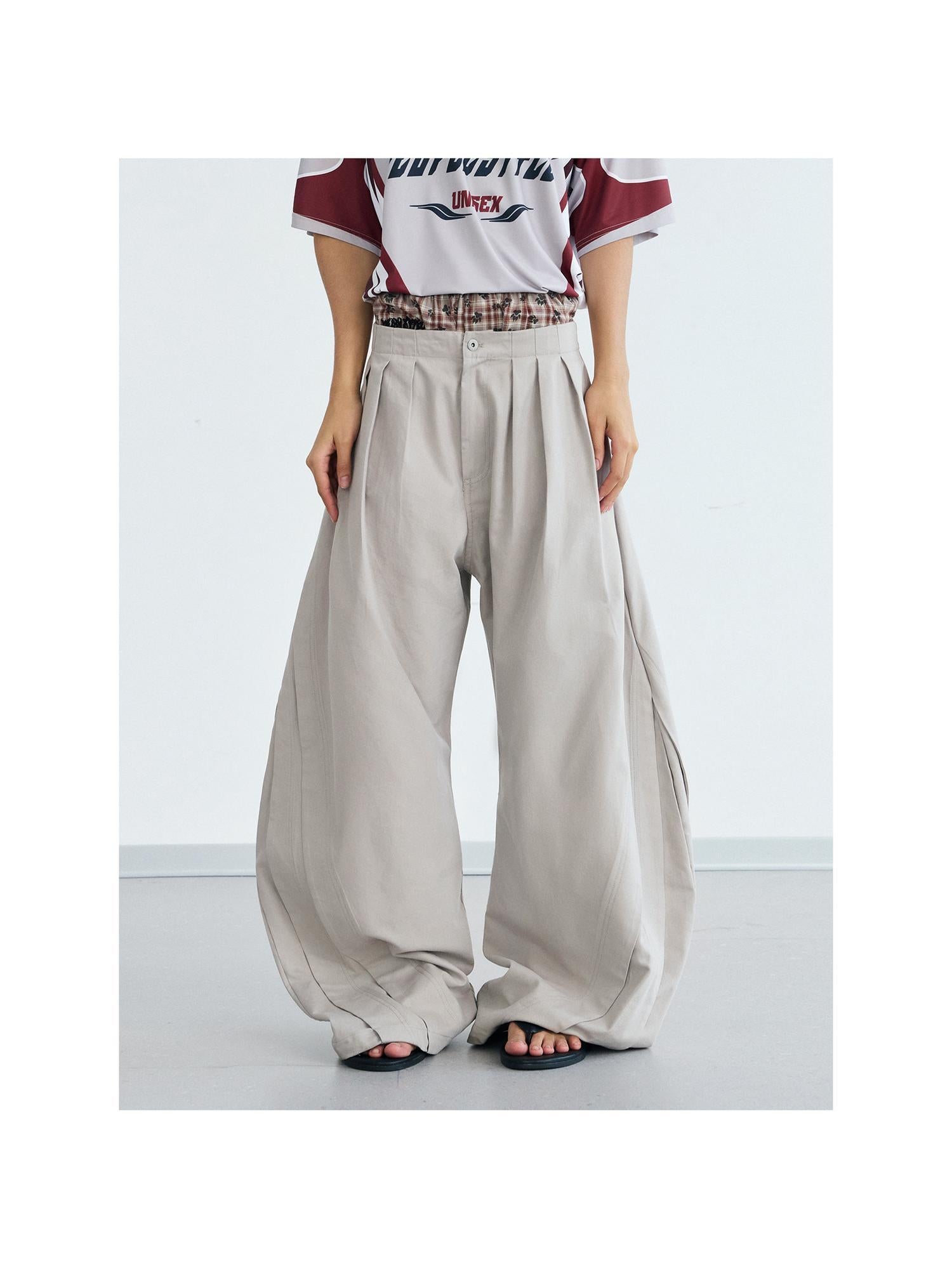 Peoplesense Vintage Wrinkle Drape Curved Knife Trousers Loose Fit Polyester Gray