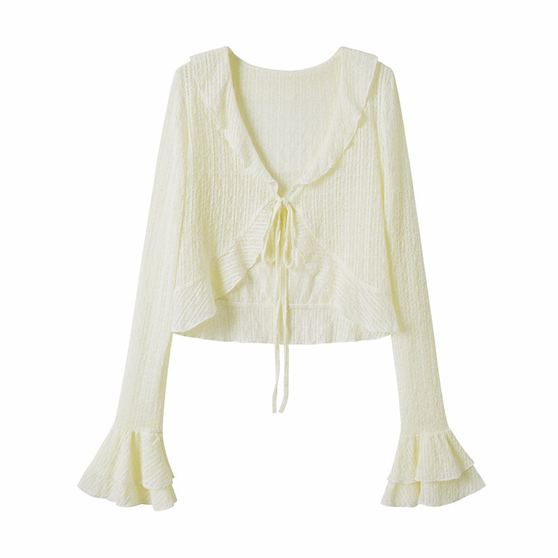 DIDDI MODA Elegant Lace V Neck Summer Sheer Cover Up With Ruffles