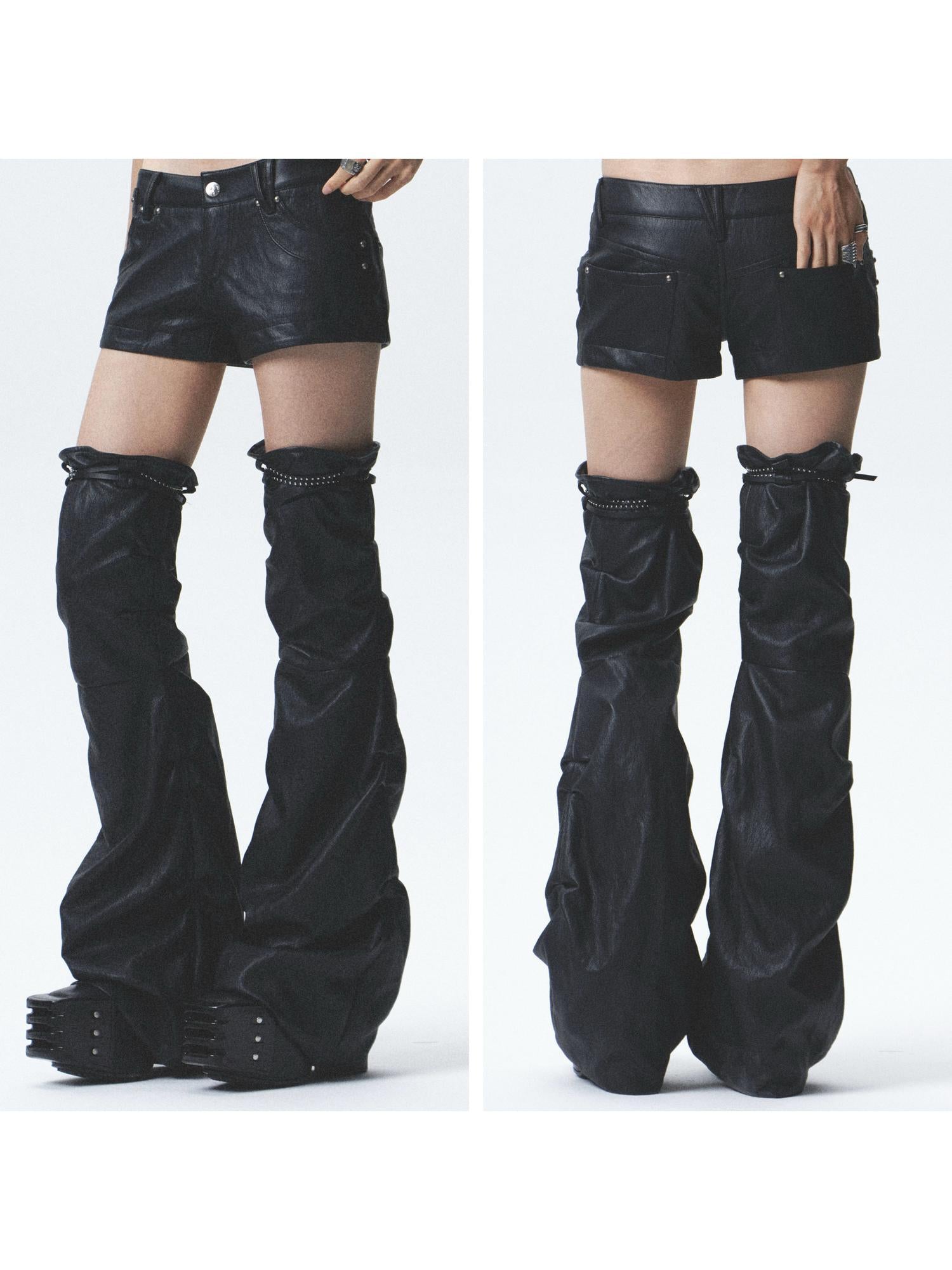 NONAME SPACE Distressed Asymmetrical Shorts With Detachable Leg Warmers And Belt